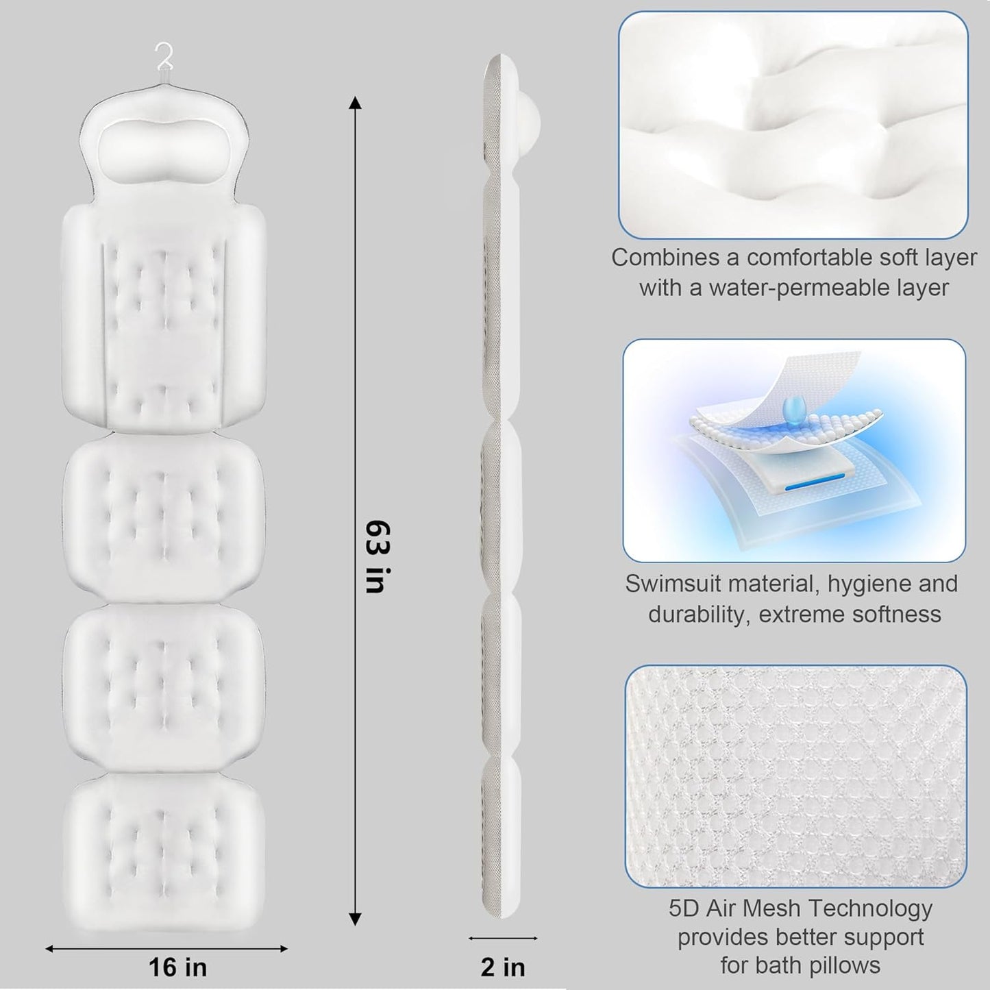 Luxury Full Body Bath Pillow for Bathtub, Bath Pillows for Tub with Mesh Laundry Bag, Cushion for Bathtub Headrest Neck Back Support - 5D Air Mesh & Quick Drying | White 63" x 16"