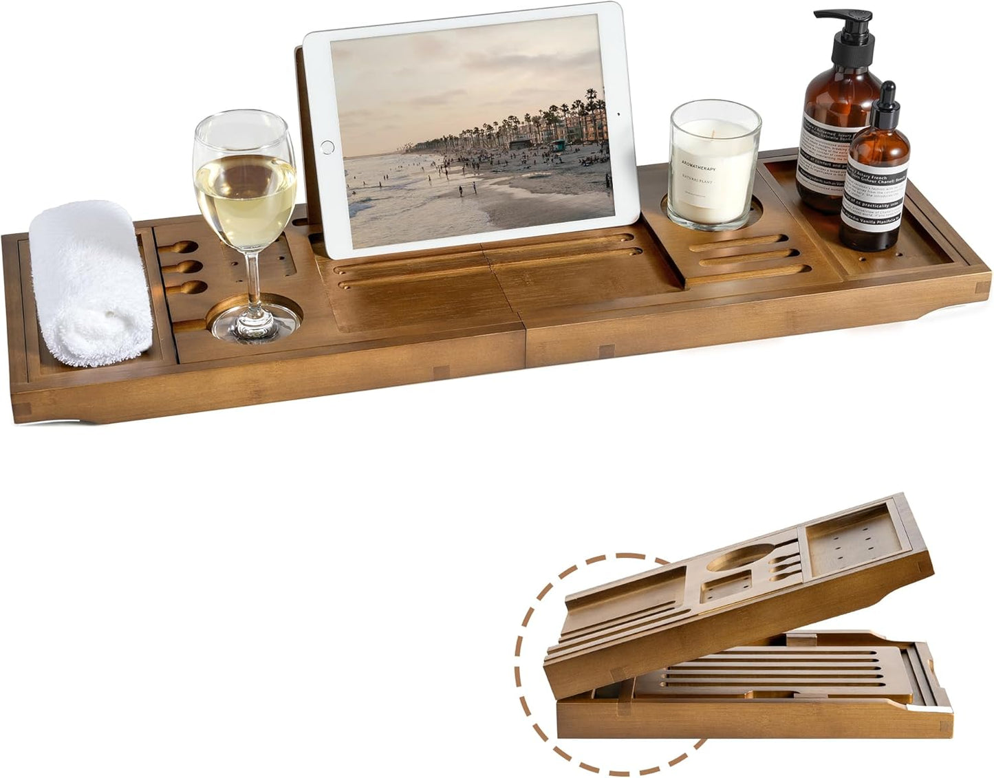 Teak Bathtub Tray | Adjustable Width Tray with Wine Holder, Tablet/Phone & Book Stand, Splash-Proof for Bath Time- Natural