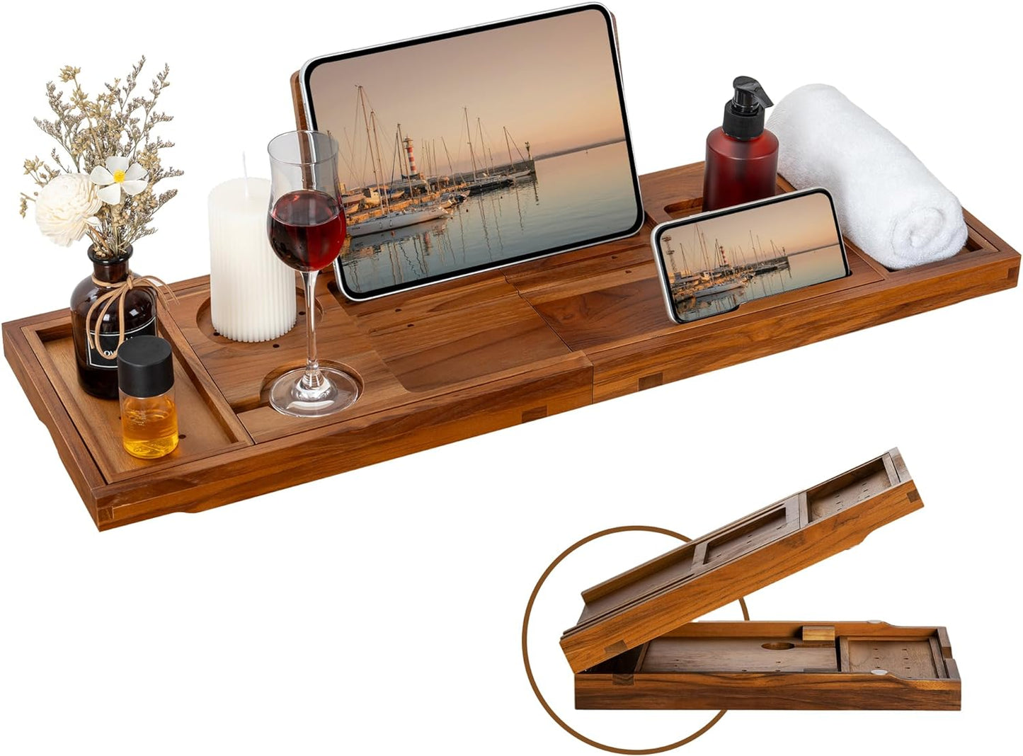 Teak Bathtub Tray - Luxury Bath Tray with Expandable Handles, Wine Glass and Phone Holders, Book Stand - Perfect for Home Spa Relaxation and Reading - Natural Bath Accessories - Dark Walnut Color