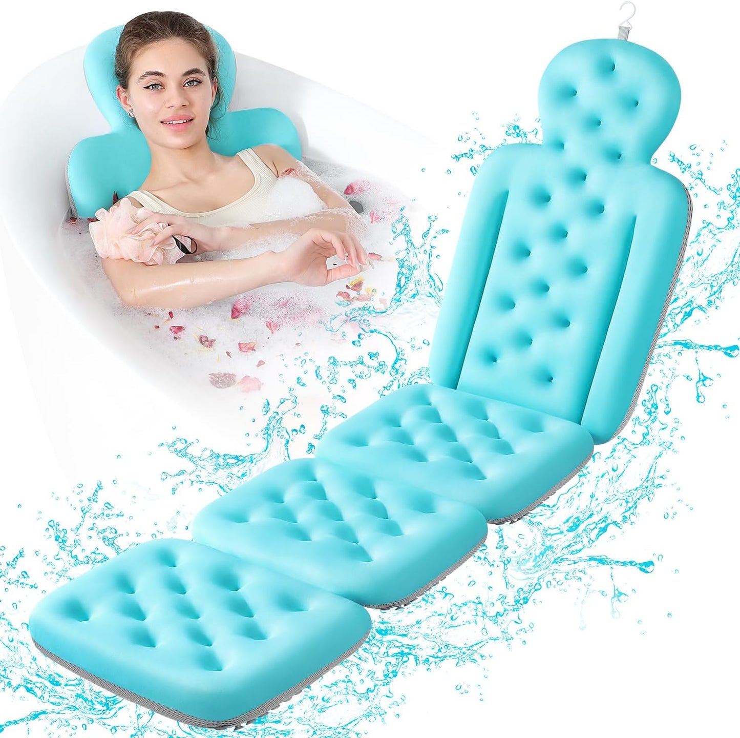 Luxury Bath Cushion, Full Body Bathtub Pillow with 160 Suction Cups, Bath Mat for Head and Neck Support, with Laundry Bag (White, 60.2" x 16.2")