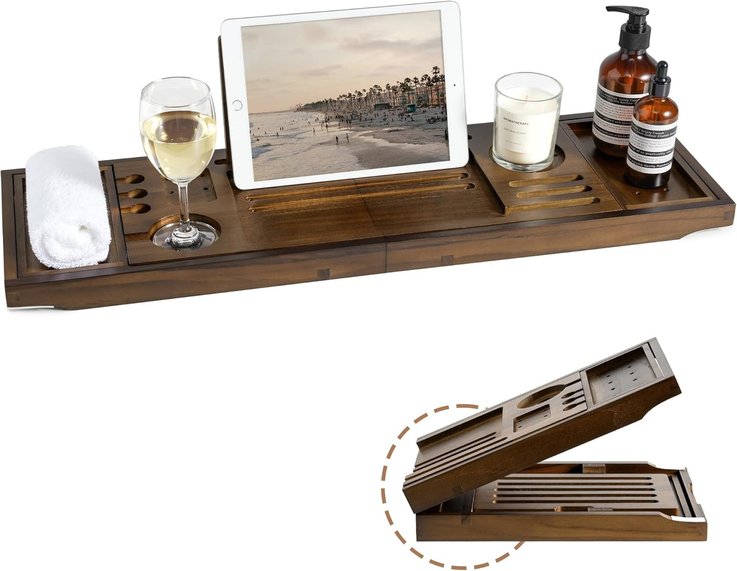 Teak Bathtub Tray | Adjustable Width Tray with Wine Holder, Tablet/Phone & Book Stand, Splash-Proof for Bath Time- Natural