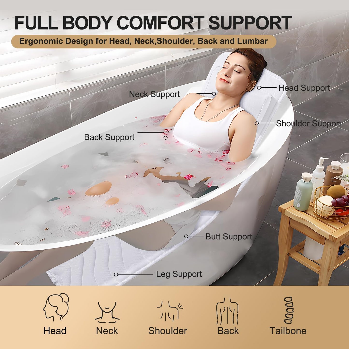 Full Body Bath Pillow for Bathtub, Non-Slip Bath Pillows for Tub, Spa Bathtub Pillow Cushion for Headrest Neck Shoulder and Back Rest Support，Relaxation Spa Accessories-50 x 15" (White)
