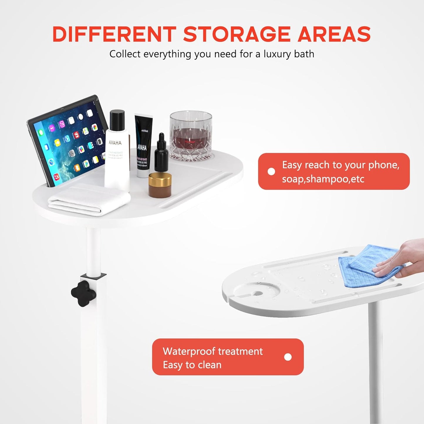 Forevich Bamboo Bathtub Tray Table Bath Side Table with Metal Base Adjustable Height, Portable Freestanding Caddy Tray Tub Shelf for Luxury Bath Home Spa White Table and White Base