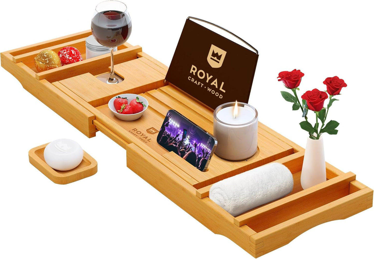 ROYAL CRAFT WOOD Bathtub Tray Caddy for Tub, Bamboo Bath Shelf, Premium Foldable Wood Bath Table, Expandable Bathtub & Bathroom Accessories, New Home Gifts for Mom, Housewarming, Anniversary, Wedding