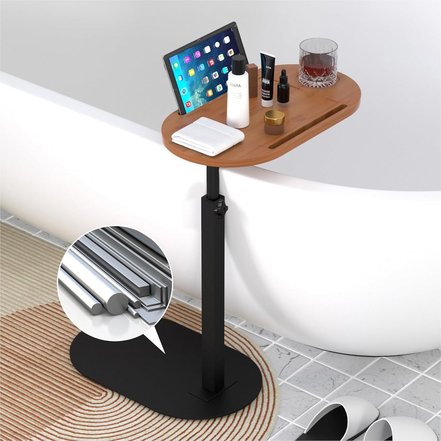 Forevich Bamboo Bathtub Tray Table Bath Side Table with Metal Base Adjustable Height, Portable Freestanding Caddy Tray Tub Shelf for Luxury Bath Home Spa White Table and White Base