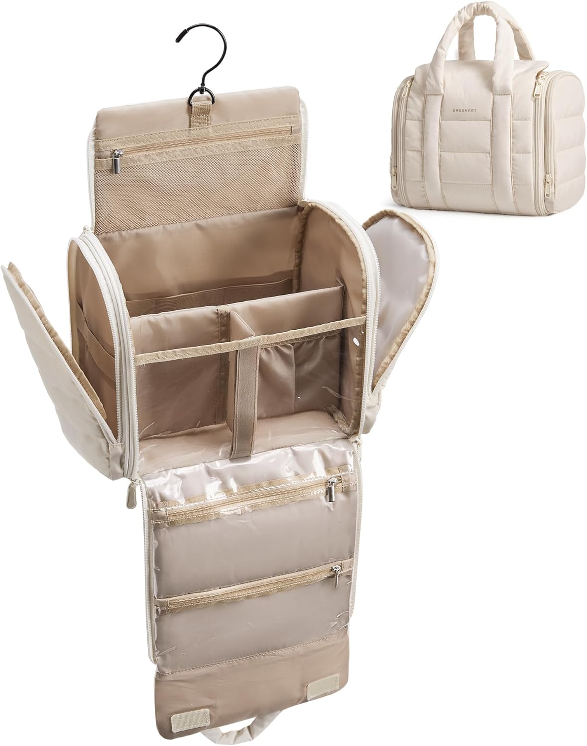 BAGSMART Puffy Travel Makeup Bag, Portable Hanging Toiletry Organizer with Removable Partition, Organizer for Travel-Sized Shampoo, Conditioner, Brushes Set, makeup Accessories, Camel