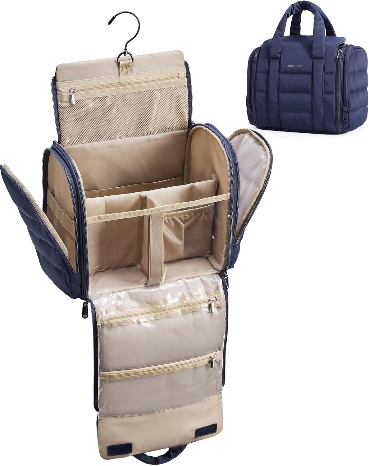 BAGSMART Puffy Travel Makeup Bag, Portable Hanging Toiletry Organizer with Removable Partition, Organizer for Travel-Sized Shampoo, Conditioner, Brushes Set, makeup Accessories, Camel