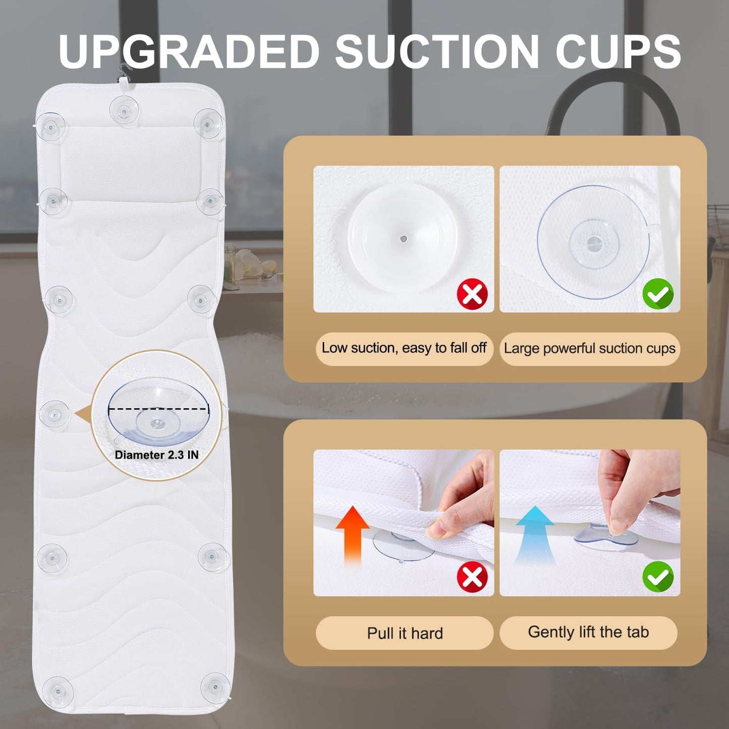 Full Body Bath Pillow for Bathtub, Non-Slip Bath Pillows for Tub, Spa Bathtub Pillow Cushion for Headrest Neck Shoulder and Back Rest Support，Relaxation Spa Accessories-50 x 15" (White)