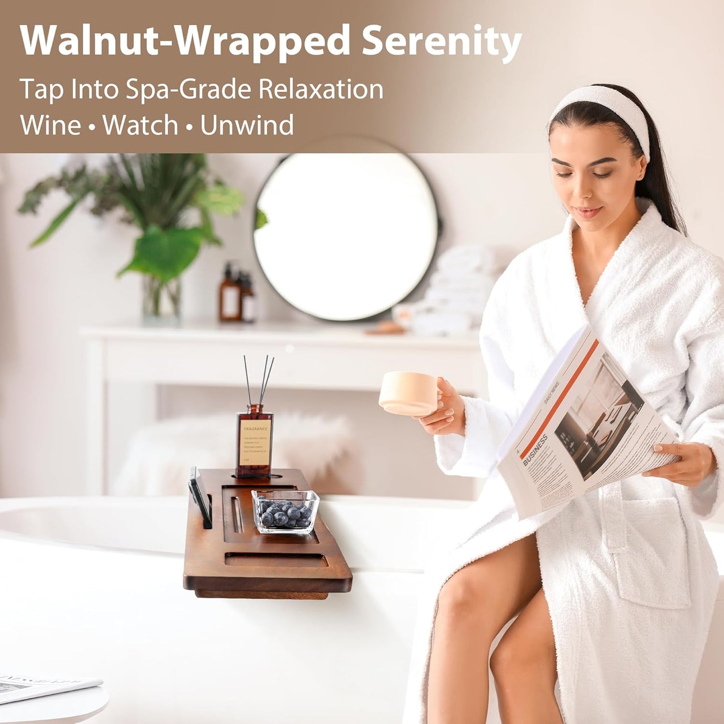 Walnut Bathtub Tray Caddy - 35" Wide Adjustable for Freestanding Tubs, Non-Slip Phone/Wine Holder