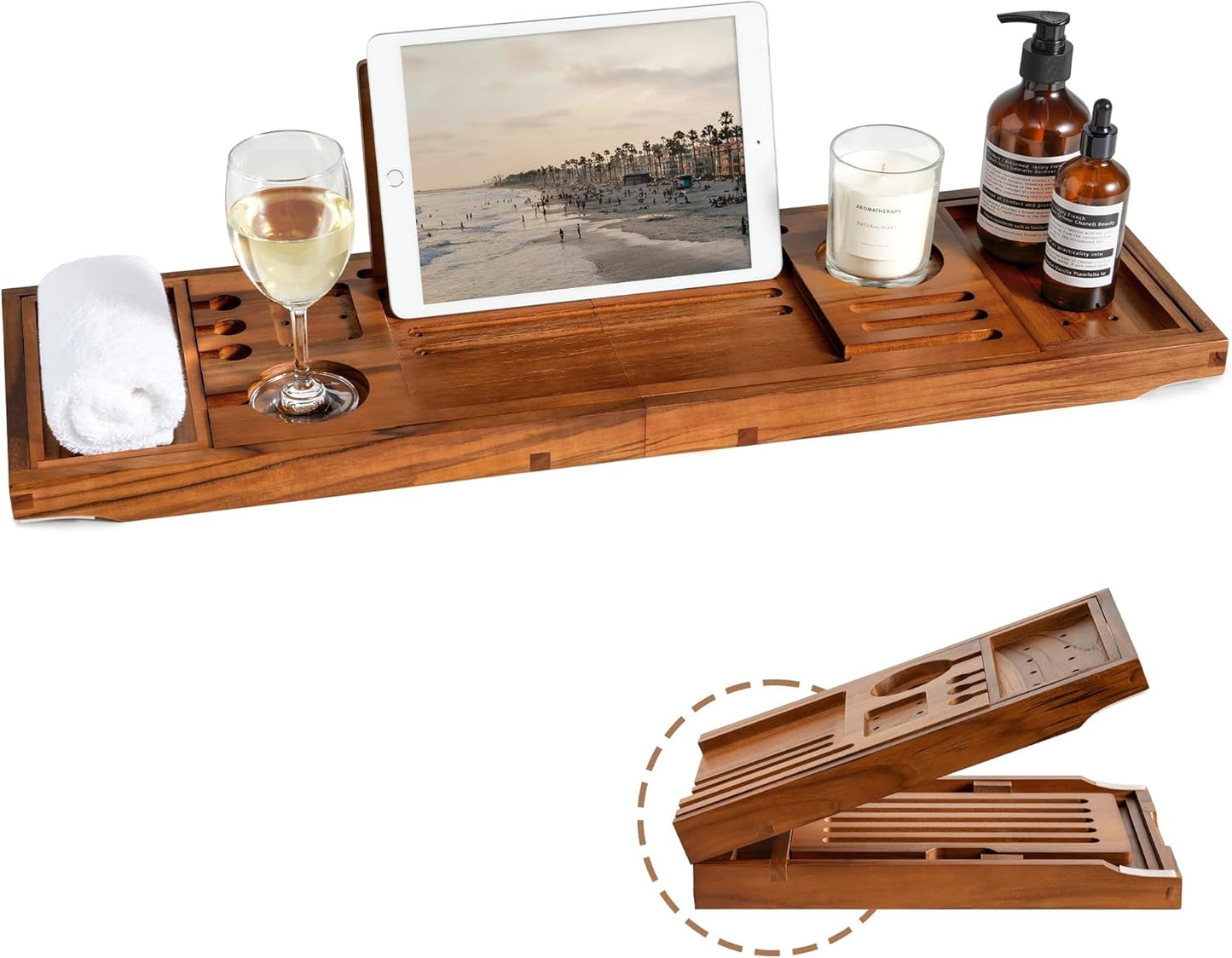 Bamboo Bathtub Tray Caddy - Splash-Proof Adjustable (28.5-40") with Wine Holder, Tablet Stand & Non-Slip Grip | Spa-Grade Organizer for Bath Essentials & Reading- Walnut