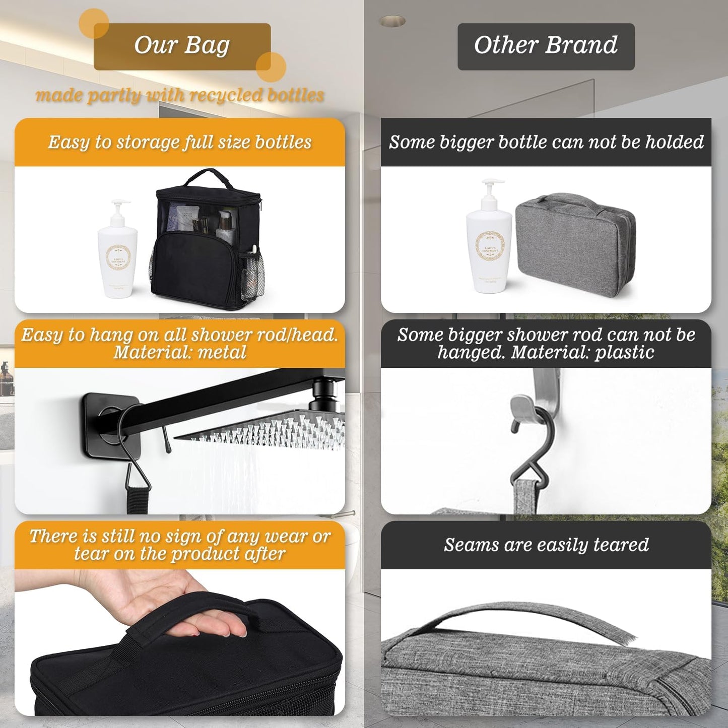 Large Shower Caddy Portable for College Dorm, Hanging Mesh Shower Bag with Hook for Camping Drain from Bottom - Dorm Room Essentials for Guys - Travel Men Women, Black