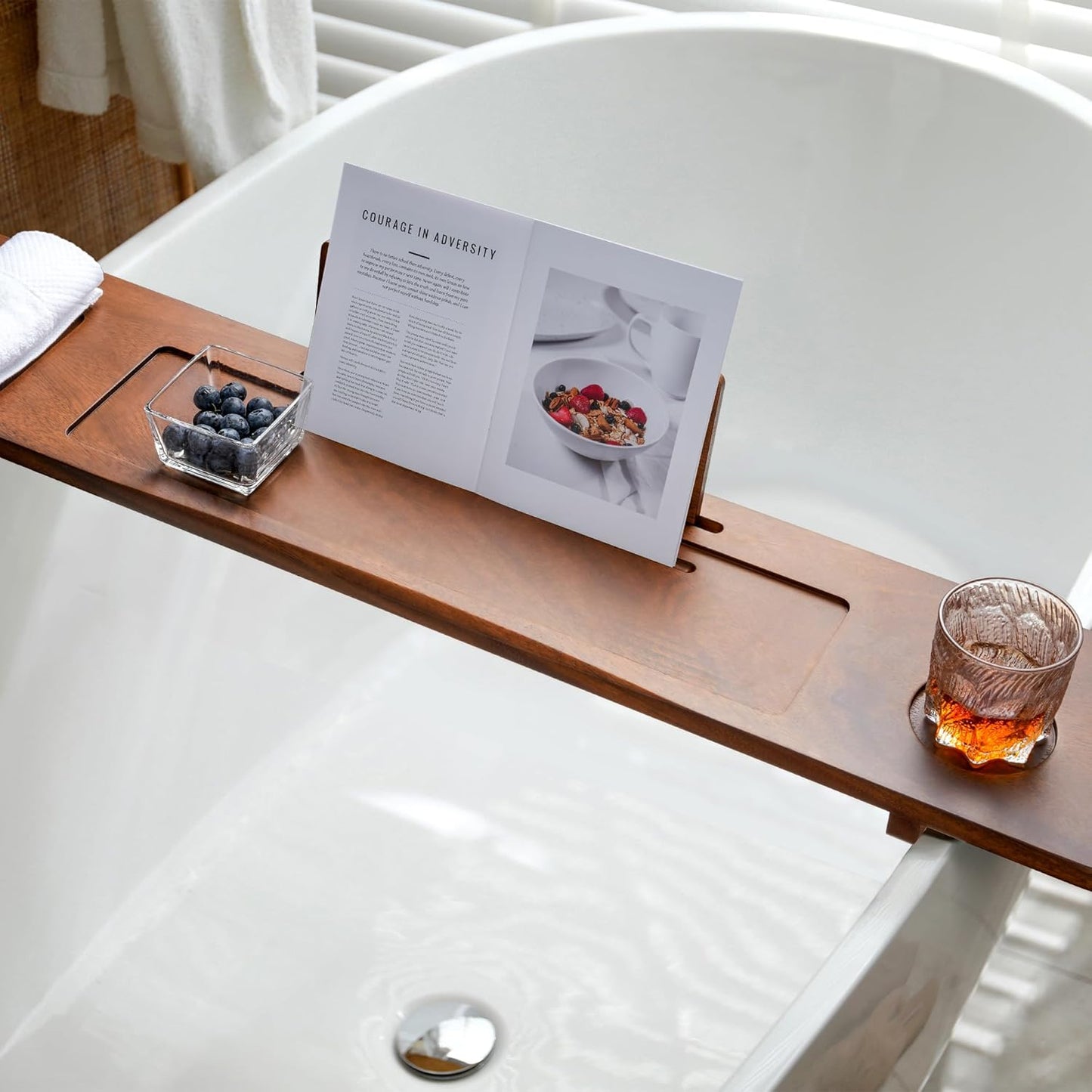 Walnut Bathtub Tray Caddy - 35" Wide Adjustable for Freestanding Tubs, Non-Slip Phone/Wine Holder