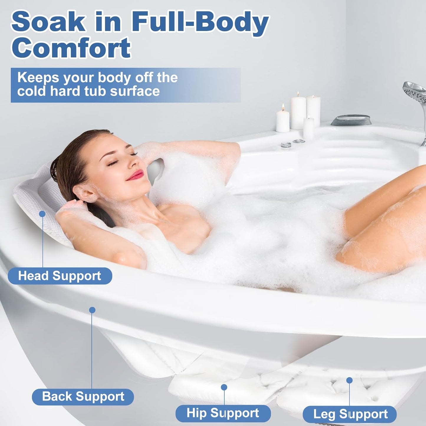 Full Body Bath Pillow for Bathtub, Thick Bathtub Cushion with Non Slip Suction Cups and Laundry Bag, Luxury Tub Pillow for Bath for Headrest Neck and Back Support White 51" x 16"