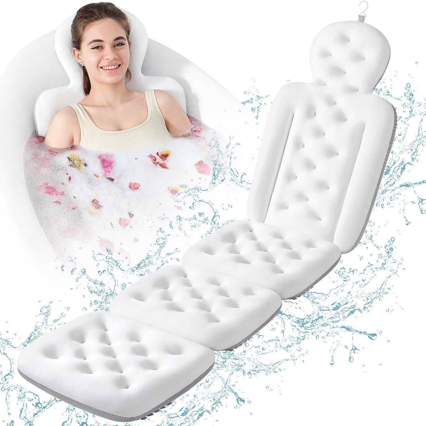 Luxury Bath Cushion, Full Body Bathtub Pillow with 160 Suction Cups, Bath Mat for Head and Neck Support, with Laundry Bag (White, 60.2" x 16.2")