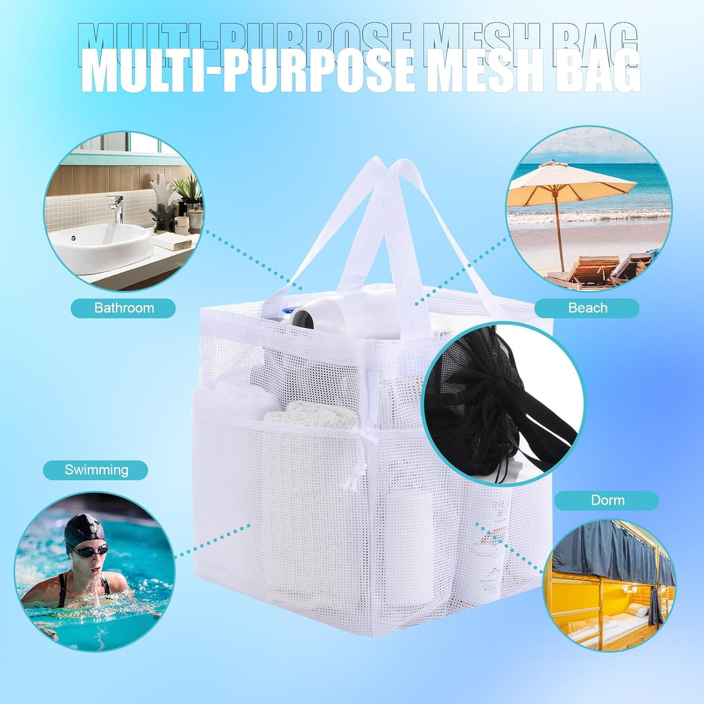 Talltalk 6 Pack Mesh Shower Caddy with Drawstring Portable Shower Caddy Basket Bag Tote with 8 Pockets Quick Dry for College Dorm Room Toiletry Bathroom Essentials Gym Camp Travel(Classic Colors)