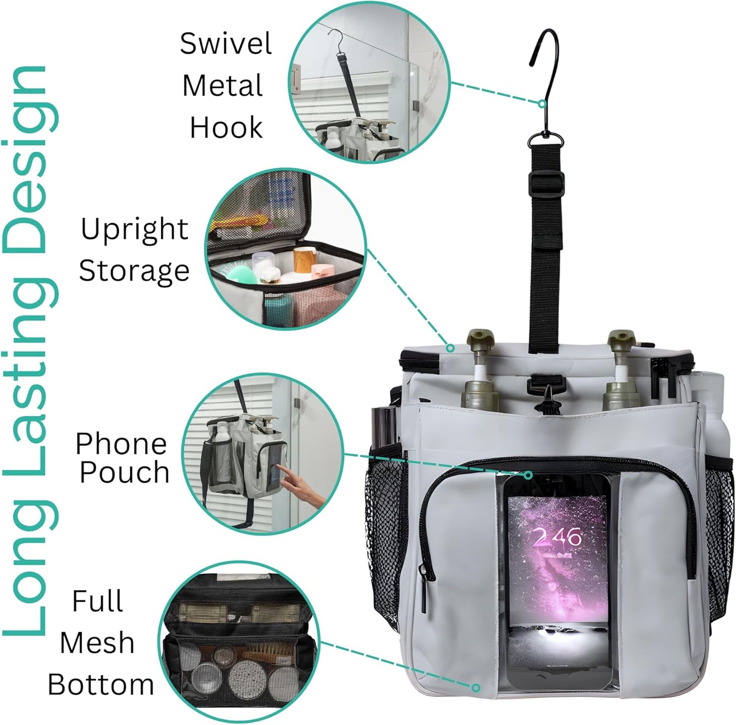 Portable Shower Caddy Bag- Large Capacity, Quick Dry with Metal Hook - Hanging Shower Bag - Breathable Mesh Toiletry Shower Tote for Gym and College Dorm (Grey, Extra Large)