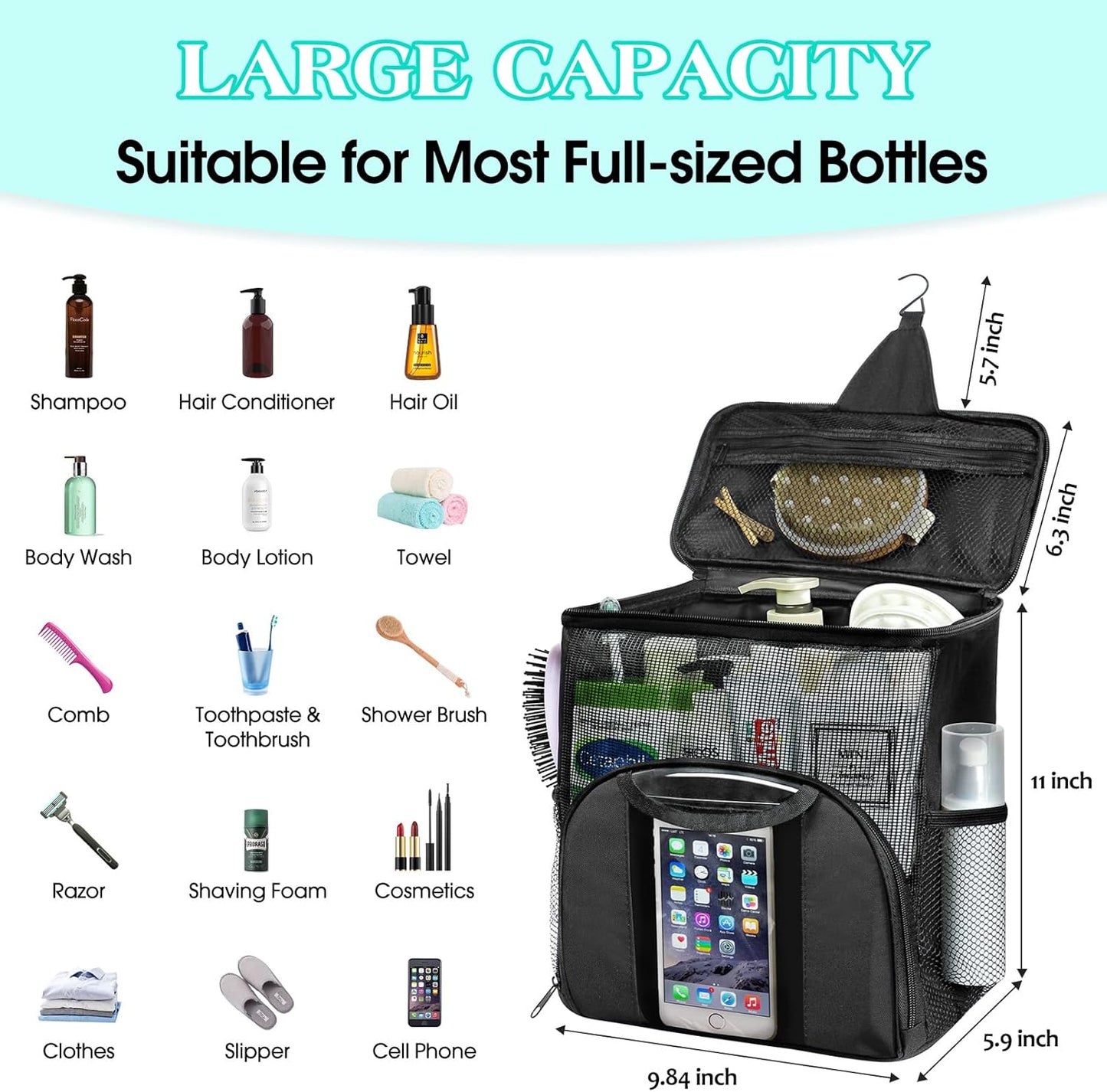 Attmu Portable Shower Caddy College Tote Bag, Quick Dry Hanging Toiletry Bag, Large Capacity Mesh Shower Caddy Portable for College Dorm Room Essentials for Boys and Girls for Bath Camping (Black)