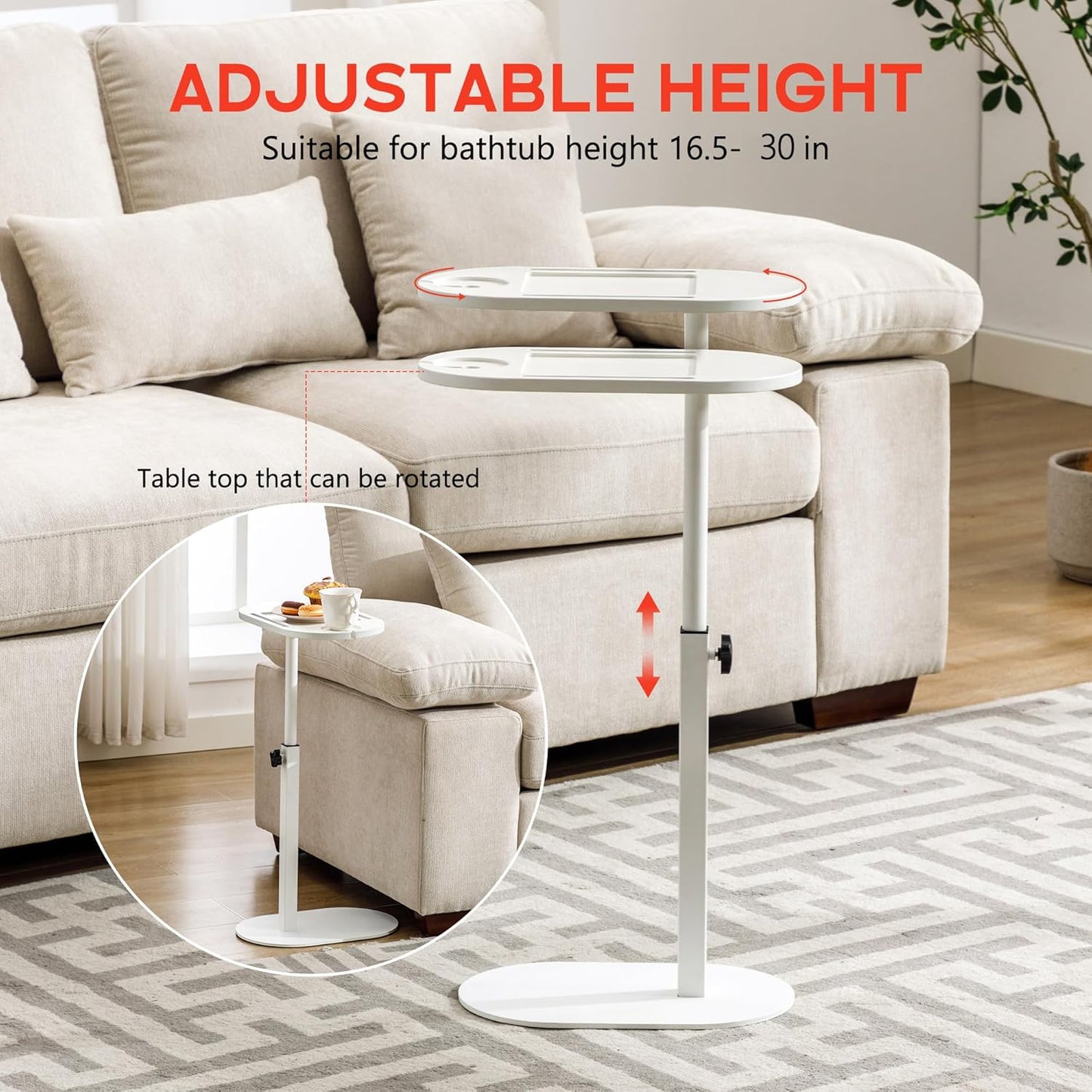 Forevich Bamboo Bathtub Tray Table Bath Side Table with Metal Base Adjustable Height, Portable Freestanding Caddy Tray Tub Shelf for Luxury Bath Home Spa White Table and White Base