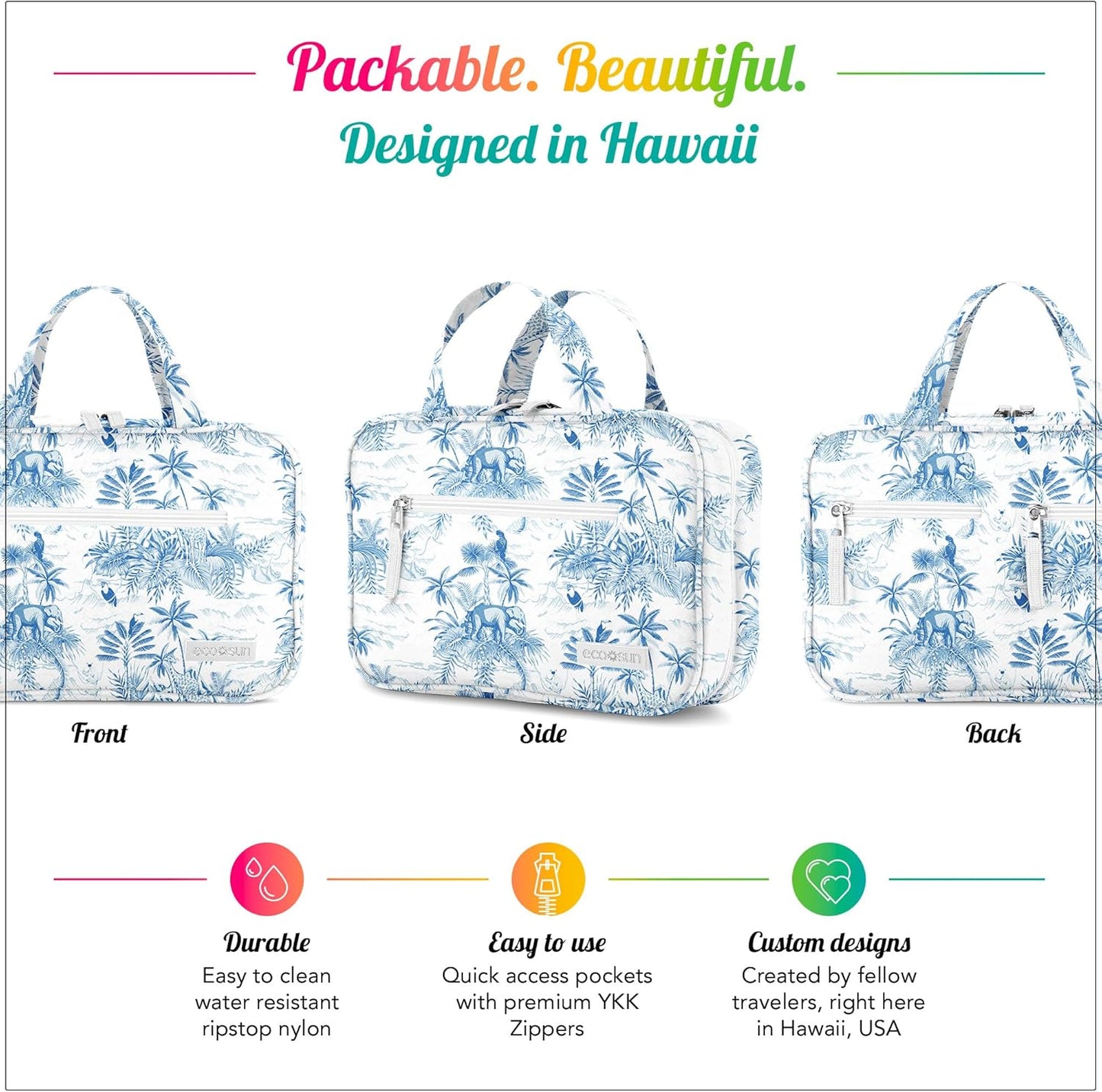 Hanging Travel Toiletry Bag — Designed in Hawaii — Water-resistant Travel Organizer for Bathroom Accessories
