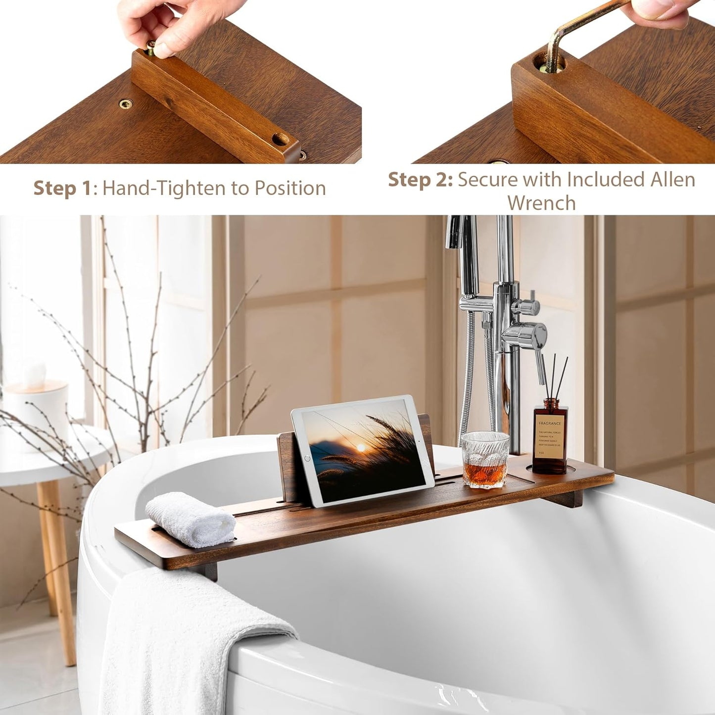 Walnut Bathtub Tray Caddy - 35" Wide Adjustable for Freestanding Tubs, Non-Slip Phone/Wine Holder