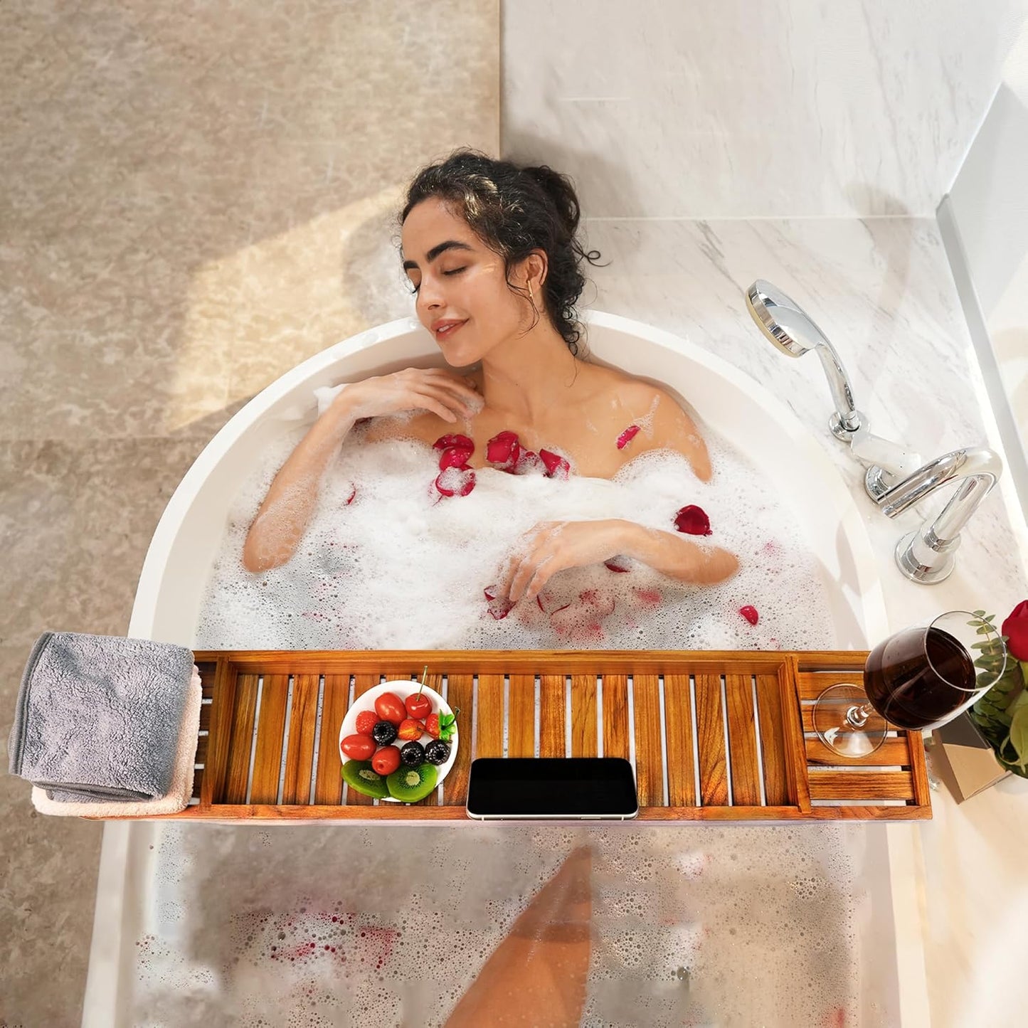 VaeFae Teak Bathtub Tray, Wooden Bath Caddy for Bathtub, Bath Tub Wood Table for Tub