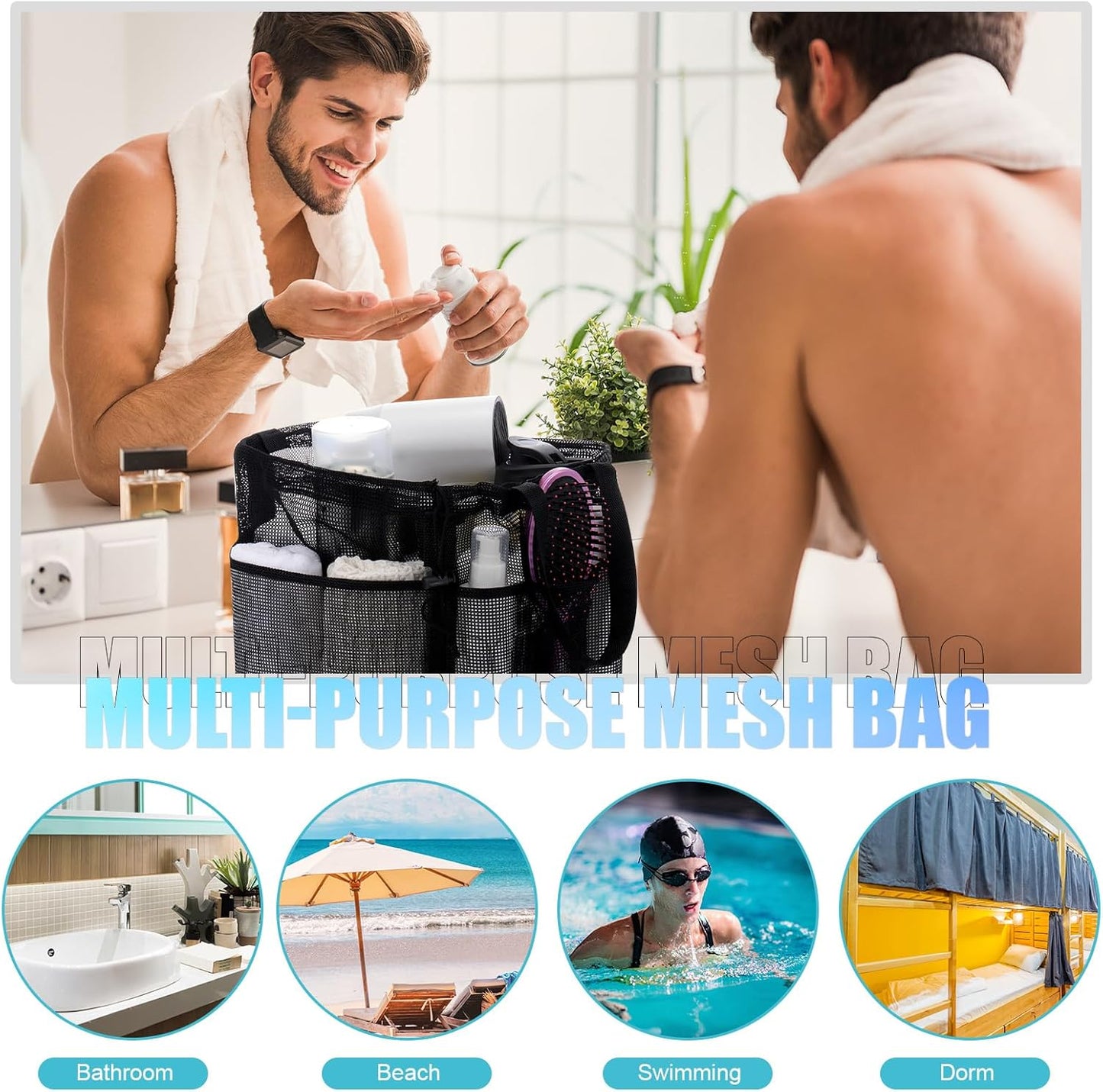 Talltalk 6 Pack Mesh Shower Caddy with Drawstring Portable Shower Caddy Basket Bag Tote with 8 Pockets Quick Dry for College Dorm Room Toiletry Bathroom Essentials Gym Camp Travel(Classic Colors)