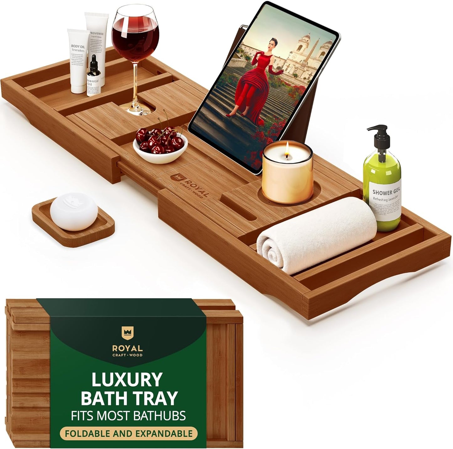 ROYAL CRAFT WOOD Bathtub Tray Caddy for Tub, Bamboo Bath Shelf, Premium Foldable Wood Bath Table, Expandable Bathtub & Bathroom Accessories, New Home Gifts for Mom, Housewarming, Anniversary, Wedding