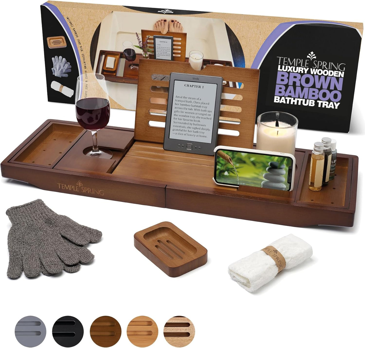 Temple Spring Wooden Bathtub Tray, Bamboo Bathroom Accessories, Bath Tray for Tub, at Home Spa Essentials, Board for Tub Table, Bath Caddy for Bathtub Accessories & Bathroom Essentials – Wood Brown