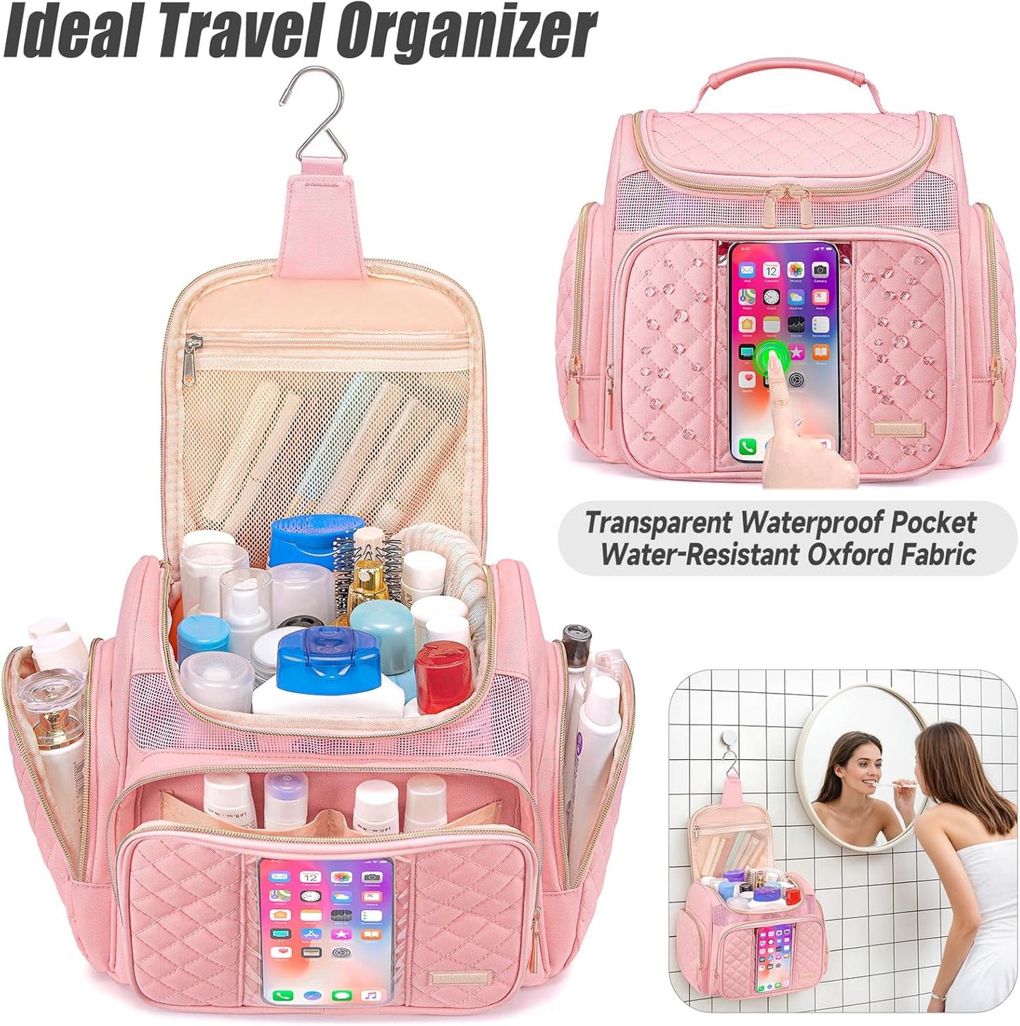 Large Toiletry Bag for Women Men,Bathroom Bag,Water Resistant Makeup Bag,Portable Shower Caddy for College Dorm,Hanging Shower Bag with Transparent Waterproof Phone Pocket