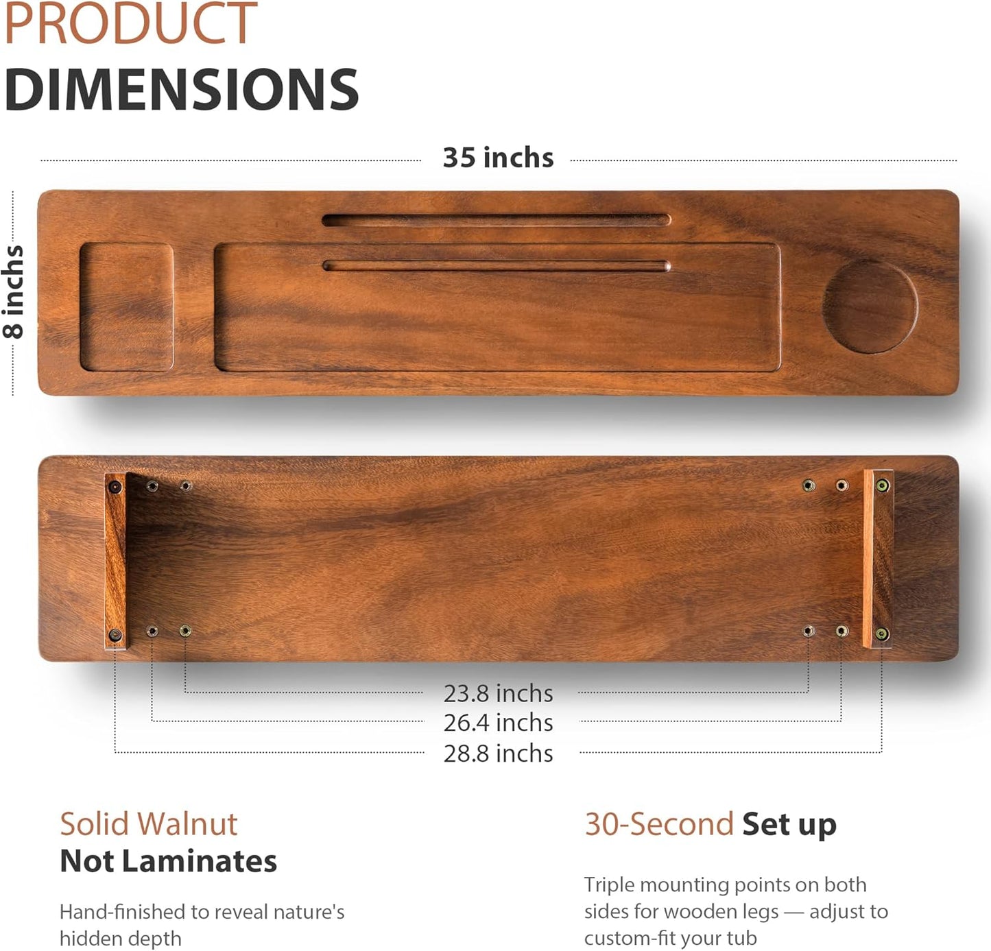 Walnut Bathtub Tray Caddy - 35" Wide Adjustable for Freestanding Tubs, Non-Slip Phone/Wine Holder