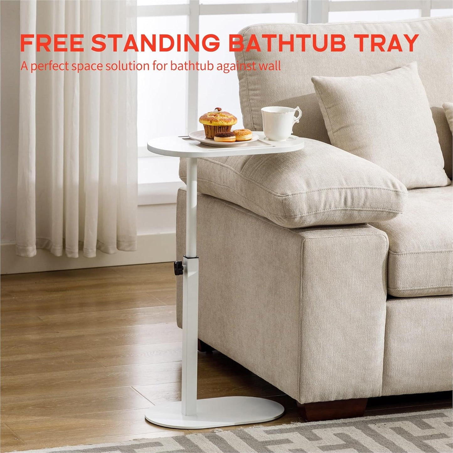 Forevich Bamboo Bathtub Tray Table Bath Side Table with Metal Base Adjustable Height, Portable Freestanding Caddy Tray Tub Shelf for Luxury Bath Home Spa White Table and White Base