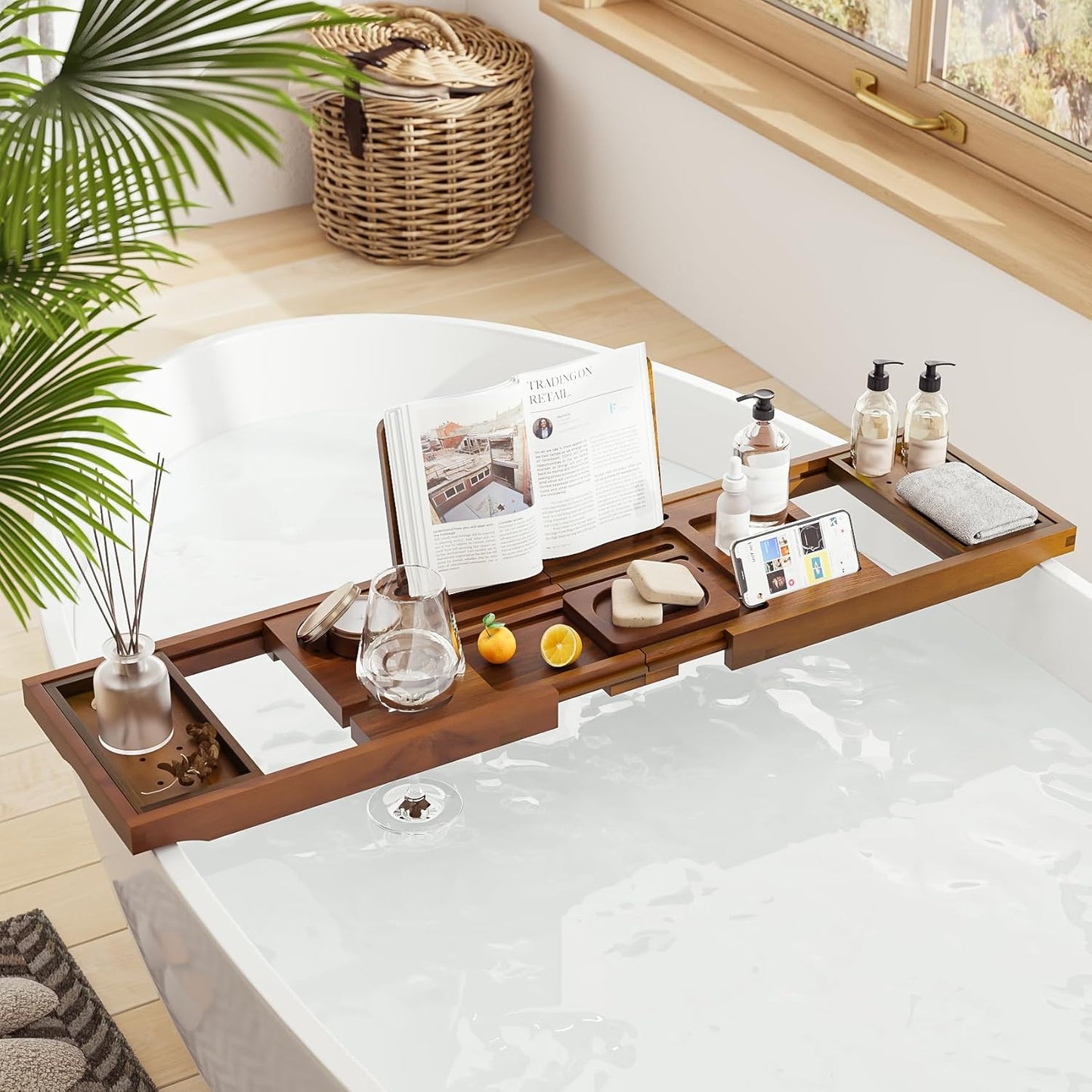 Premium Foldable Teak Bathtub Tray, Expandable Bath Tray for Tub, Luxury Bathtub & Bathroom Accessories