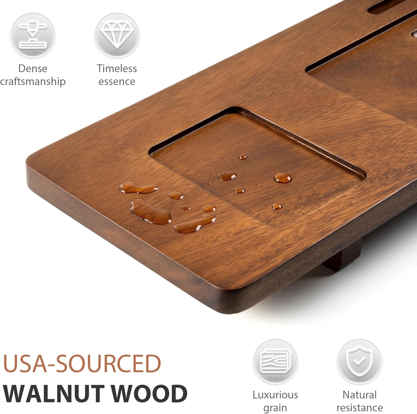 Walnut Bathtub Tray Caddy - 35" Wide Adjustable for Freestanding Tubs, Non-Slip Phone/Wine Holder