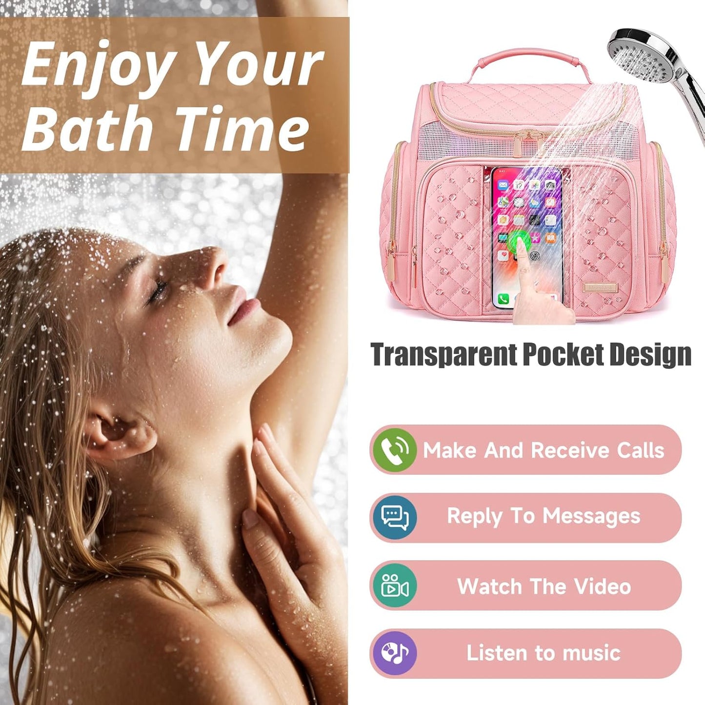 Large Toiletry Bag for Women Men,Bathroom Bag,Water Resistant Makeup Bag,Portable Shower Caddy for College Dorm,Hanging Shower Bag with Transparent Waterproof Phone Pocket