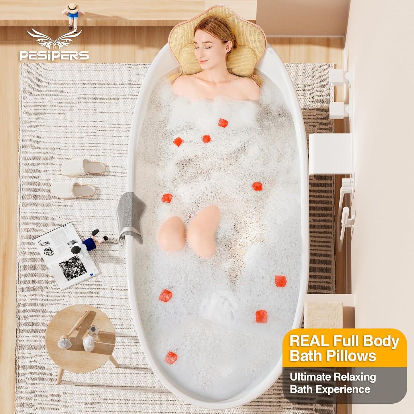 Ergonomic Full Body Bath Pillow for Bathtub, 3.9 inch Thickened Tub Pillows for Back Support and Headrest Neck, Soft 5D Air Mesh Cushion & Mat, Bathtub Pillow with 13 Suction Cups(Gold)
