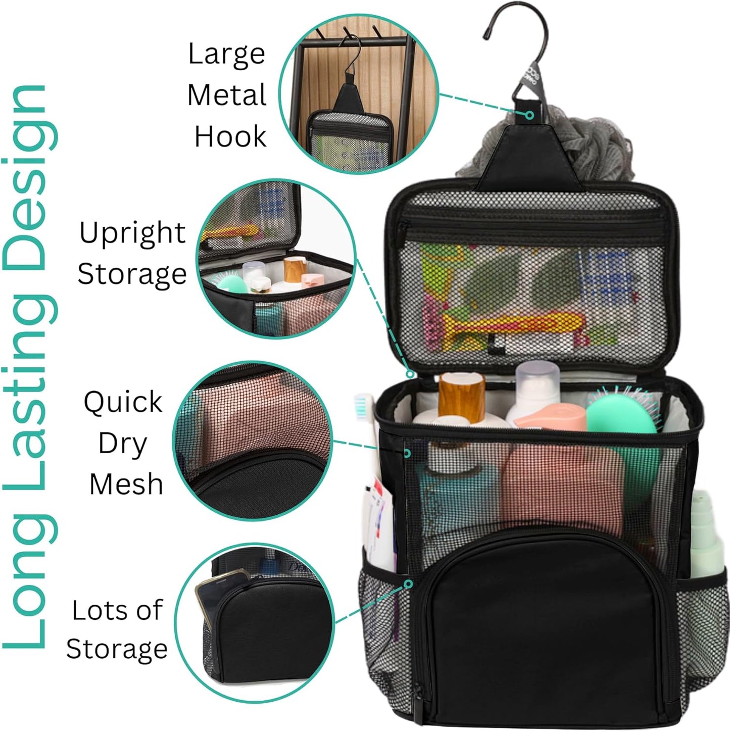 Original Portable Shower Caddy For College Dorms - Foldable Mesh Tote - Dorm Room Essentials - Durable Hanging Travel Shower Bag - Perfect for College Students, Men, Women (Black)