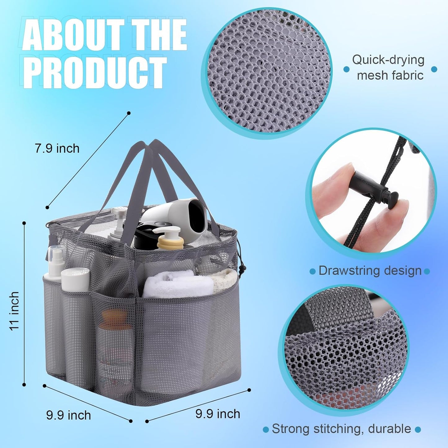 Talltalk 6 Pack Mesh Shower Caddy with Drawstring Portable Shower Caddy Basket Bag Tote with 8 Pockets Quick Dry for College Dorm Room Toiletry Bathroom Essentials Gym Camp Travel(Classic Colors)