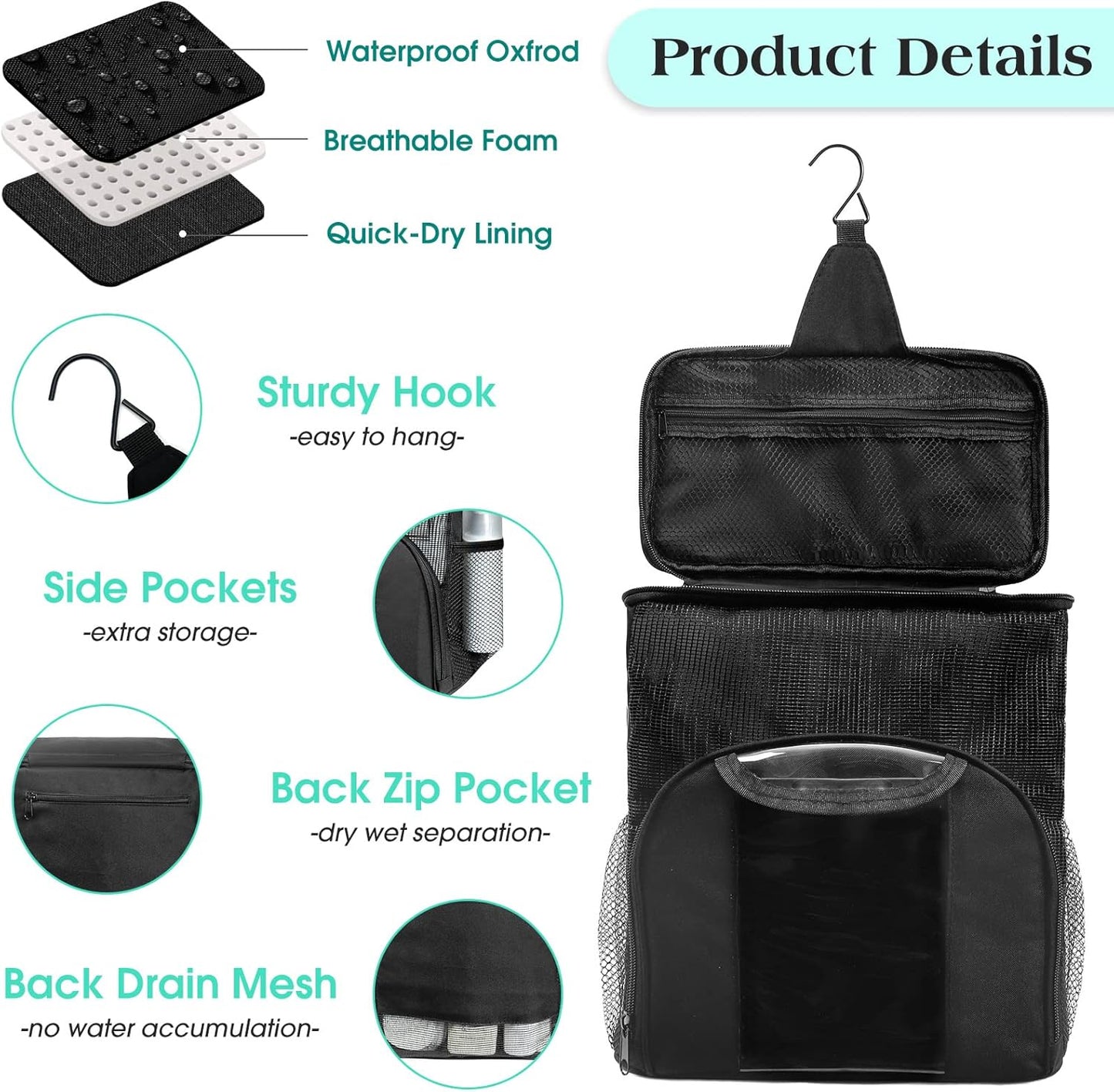 Attmu Portable Shower Caddy College Tote Bag, Quick Dry Hanging Toiletry Bag, Large Capacity Mesh Shower Caddy Portable for College Dorm Room Essentials for Boys and Girls for Bath Camping (Black)