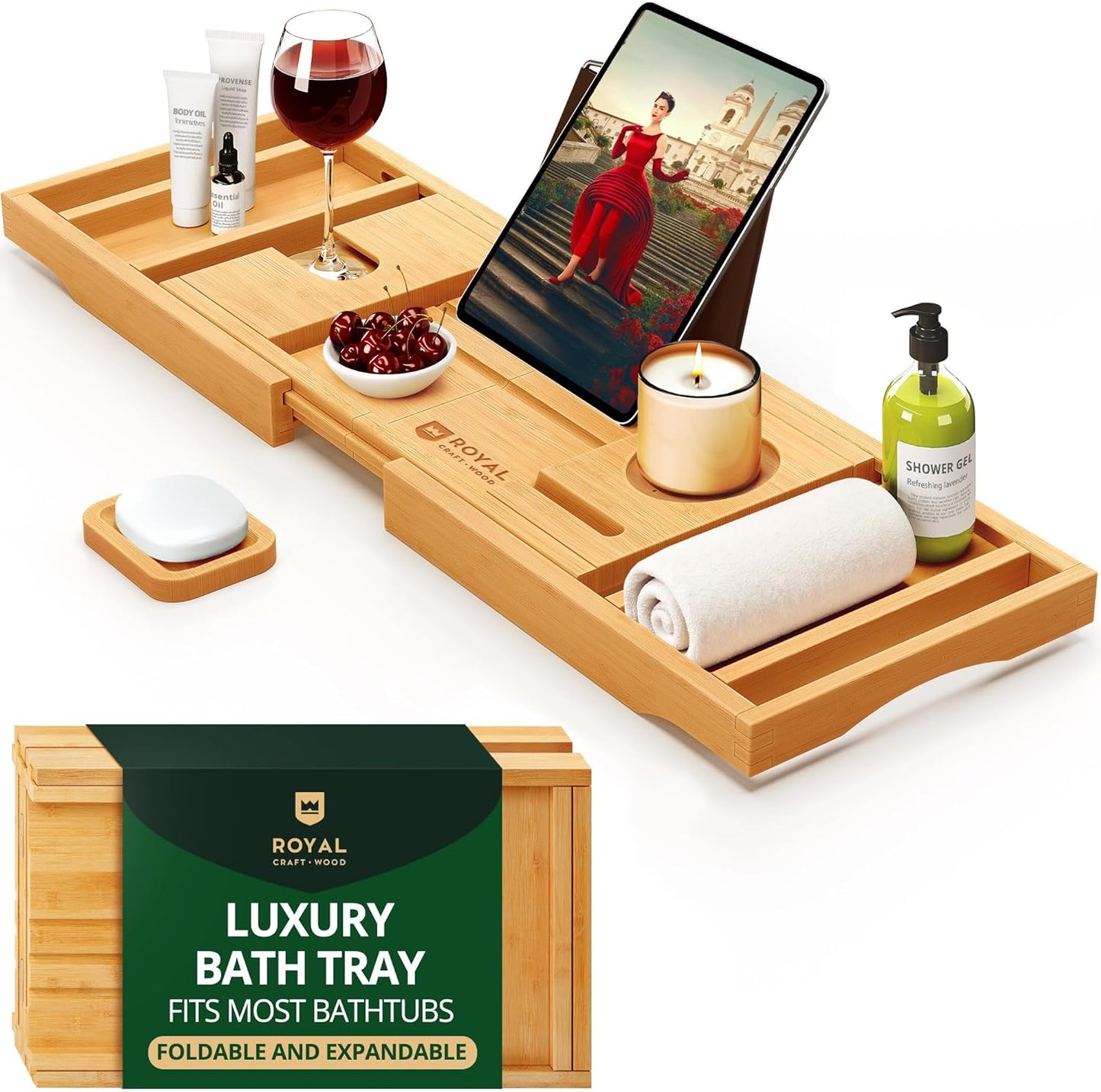 ROYAL CRAFT WOOD Bathtub Tray Caddy for Tub, Bamboo Bath Shelf, Premium Foldable Wood Bath Table, Expandable Bathtub & Bathroom Accessories, New Home Gifts for Mom, Housewarming, Anniversary, Wedding