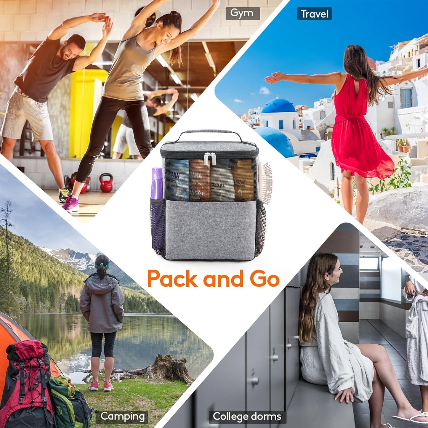 Lifewit Mesh Shower Caddy Bag Portable College Dorm Room Essentials Caddy Tote Basket for Bathroom, Gym, Travel, Camping Quick Dry Hanging Shower Organizer Toiletry Bag for Women Wen, Large, Gray