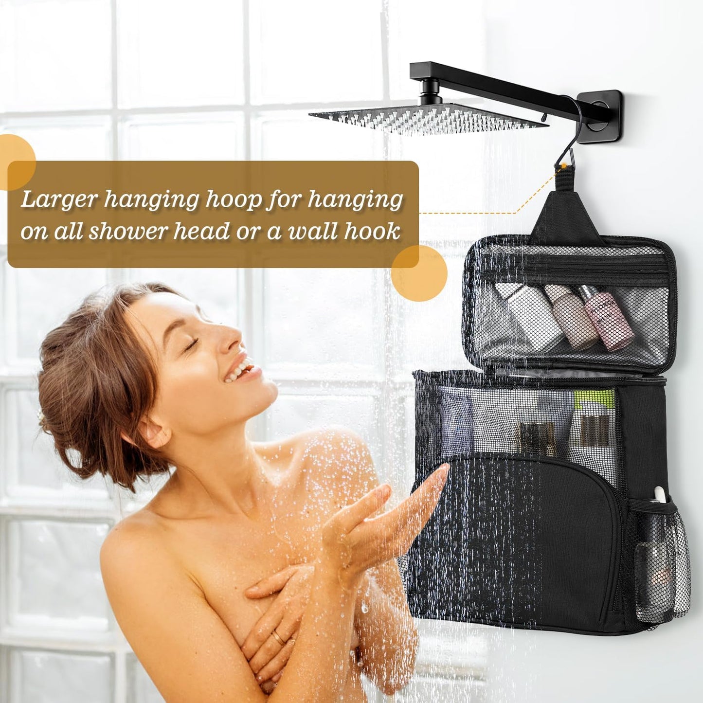 Large Shower Caddy Portable for College Dorm, Hanging Mesh Shower Bag with Hook for Camping Drain from Bottom - Dorm Room Essentials for Guys - Travel Men Women, Black