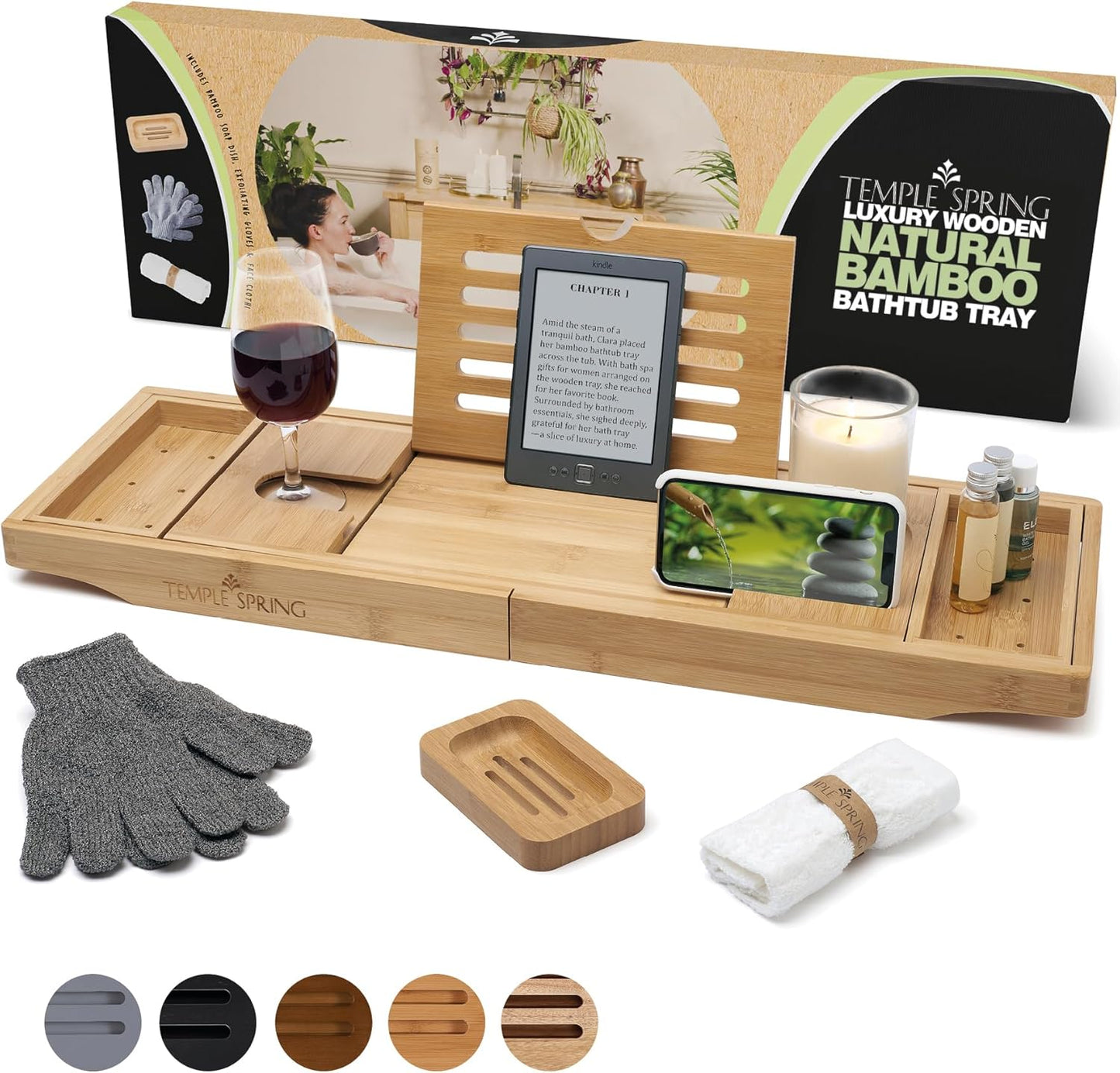 Temple Spring Wooden Bathtub Tray, Bamboo Bathroom Accessories, Bath Tray for Tub, at Home Spa Essentials, Board for Tub Table, Bath Caddy for Bathtub Accessories & Bathroom Essentials – Wood Brown