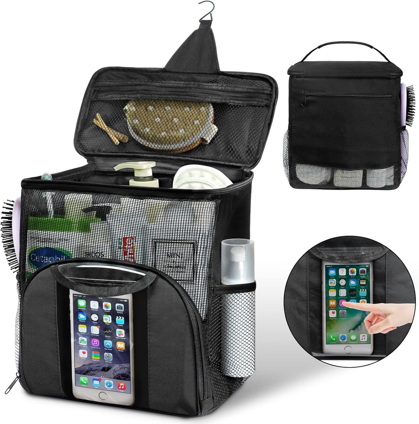 Attmu Portable Shower Caddy College Tote Bag, Quick Dry Hanging Toiletry Bag, Large Capacity Mesh Shower Caddy Portable for College Dorm Room Essentials for Boys and Girls for Bath Camping (Black)