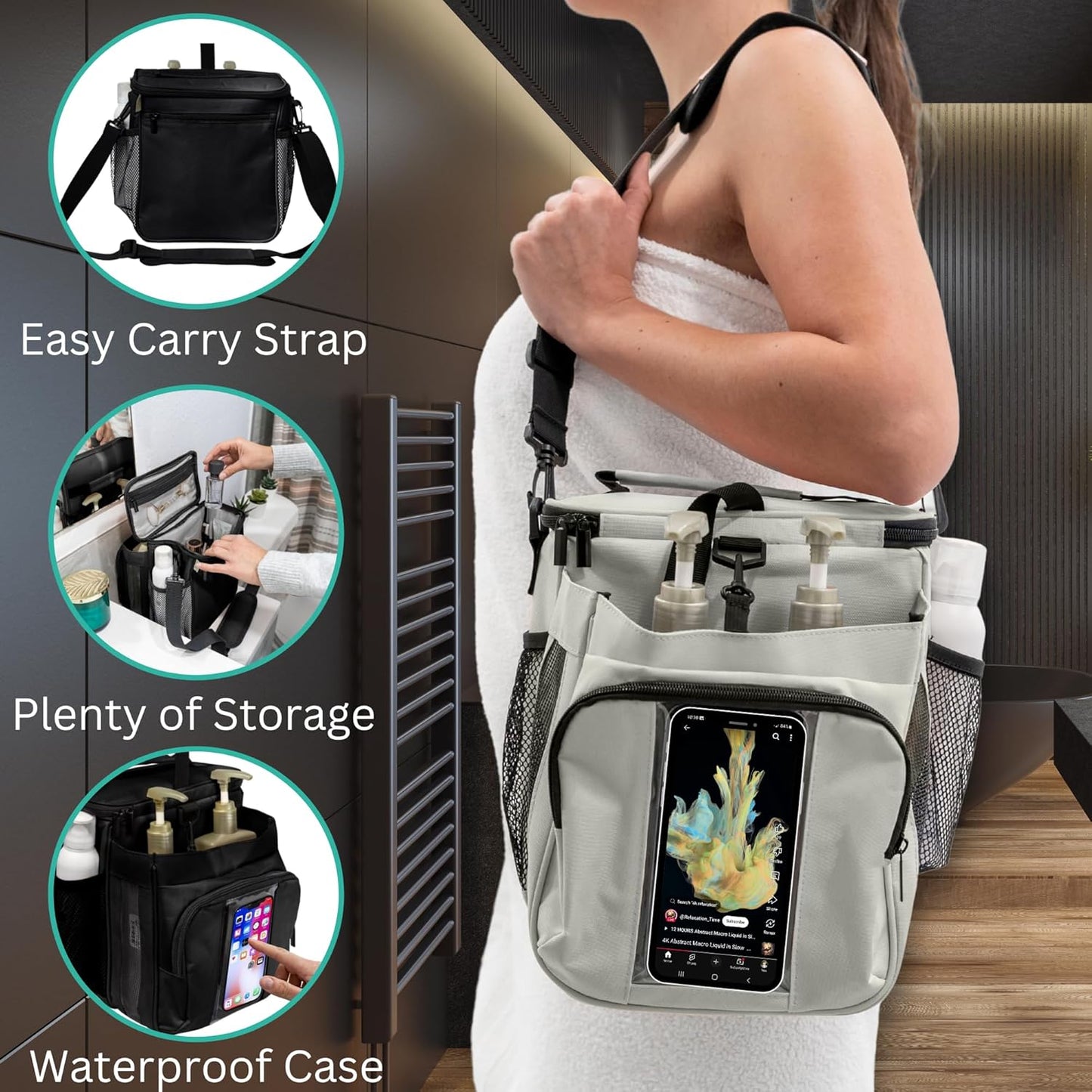 Portable Shower Caddy Bag- Large Capacity, Quick Dry with Metal Hook - Hanging Shower Bag - Breathable Mesh Toiletry Shower Tote for Gym and College Dorm (Grey, Extra Large)