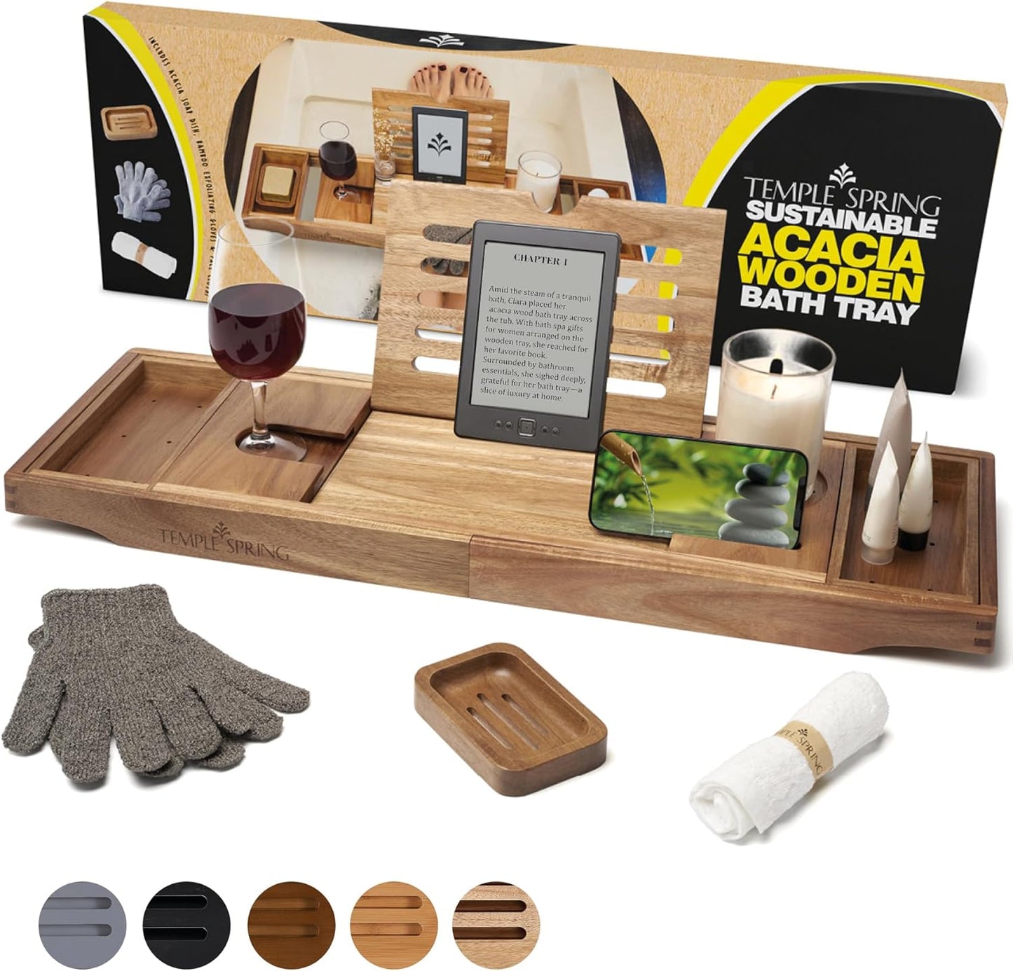 Temple Spring Wooden Bathtub Tray, Bamboo Bathroom Accessories, Bath Tray for Tub, at Home Spa Essentials, Board for Tub Table, Bath Caddy for Bathtub Accessories & Bathroom Essentials – Wood Brown