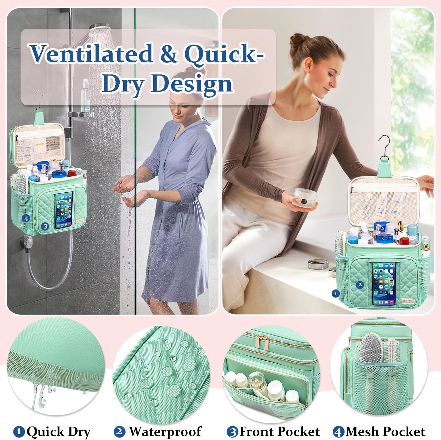 Large Toiletry Bag for Women Men,Waterproof Portable Shower Caddy for College Dorm,Bathroom Bag, Quick Dry Shower Bag Hanging Toiletry Bags for For Full Sized Toiletries And Cosmetics