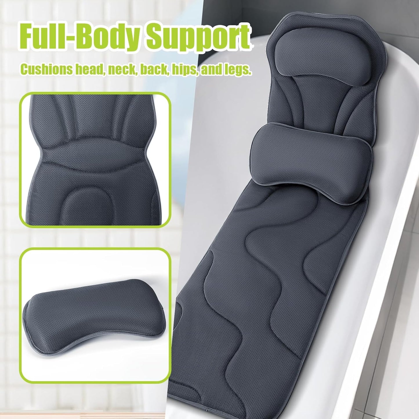 Full Body Bath Pillow for Tub - Extra Long & Thick Tub Pillow with Head, Back & Lumbar Support, 168 Non-Slip Suction Cups, Soft 5D Mesh Spa Cushion, Fits All Tubs-Gift for Soaking(Gray)