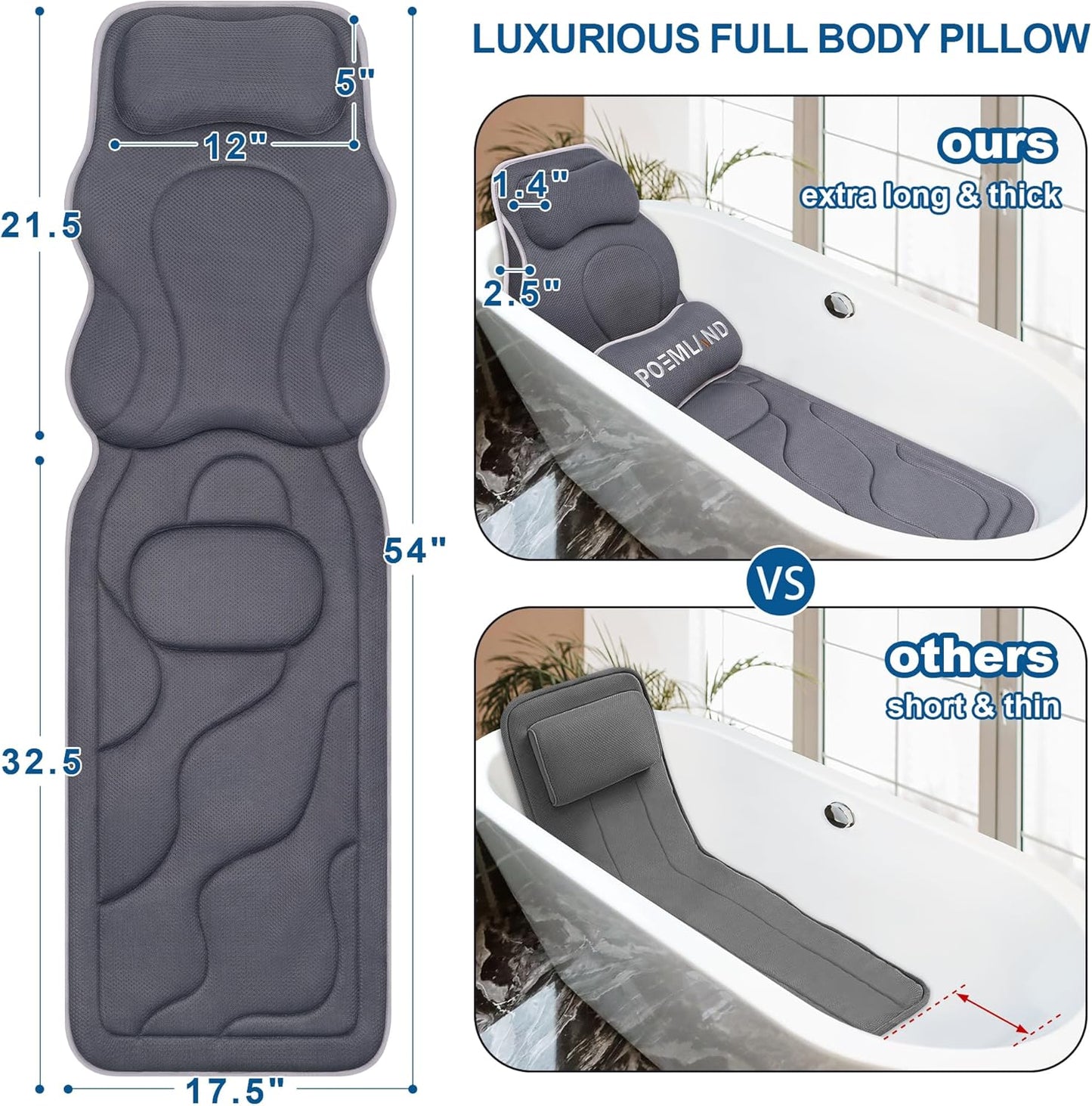 Full Body Bath Pillow for Tub - Extra Long & Thick Tub Pillow with Head, Back & Lumbar Support, 168 Non-Slip Suction Cups, Soft 5D Mesh Spa Cushion, Fits All Tubs-Gift for Soaking(Gray)