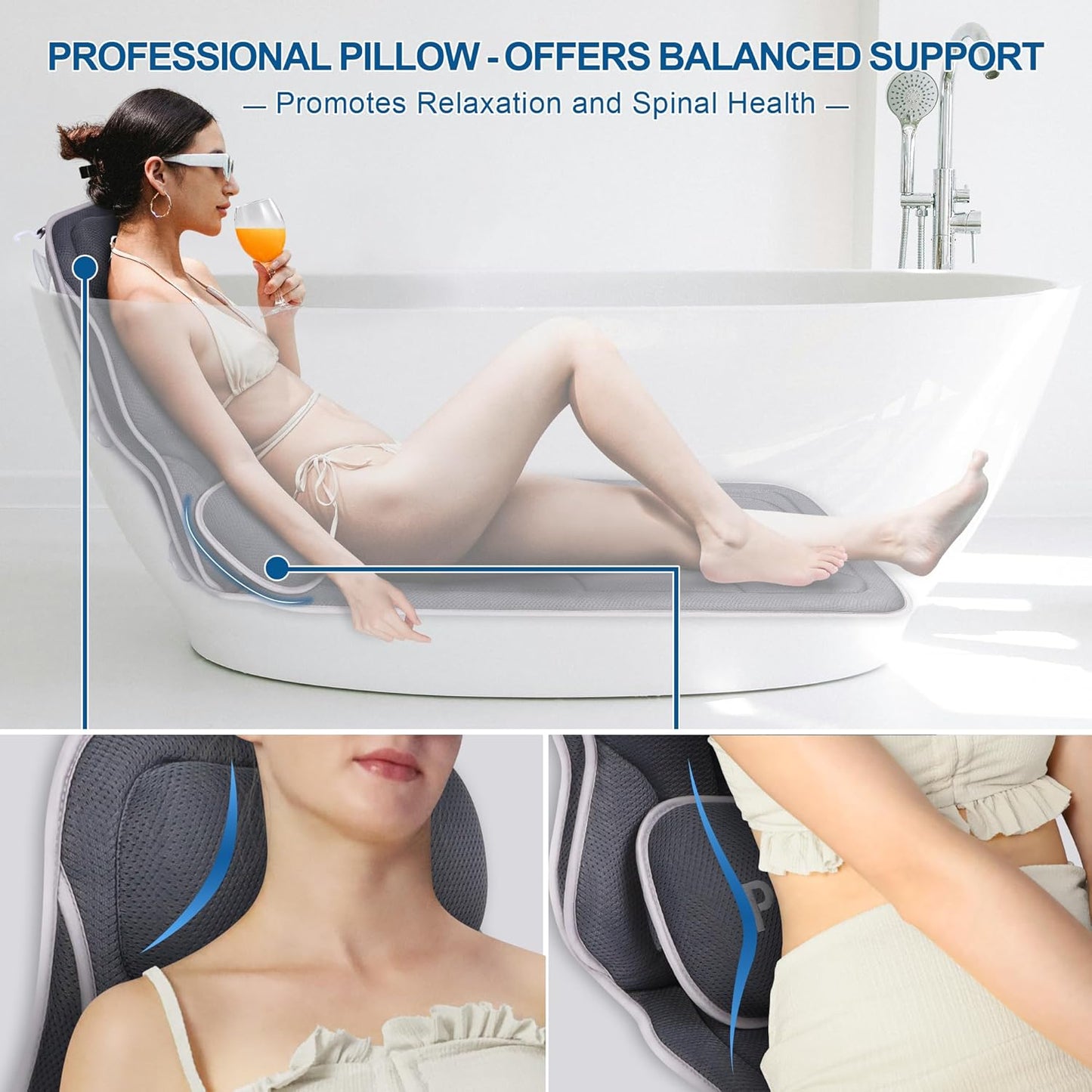 Full Body Bath Pillow for Tub - Extra Long & Thick Tub Pillow with Head, Back & Lumbar Support, 168 Non-Slip Suction Cups, Soft 5D Mesh Spa Cushion, Fits All Tubs-Gift for Soaking(Gray)