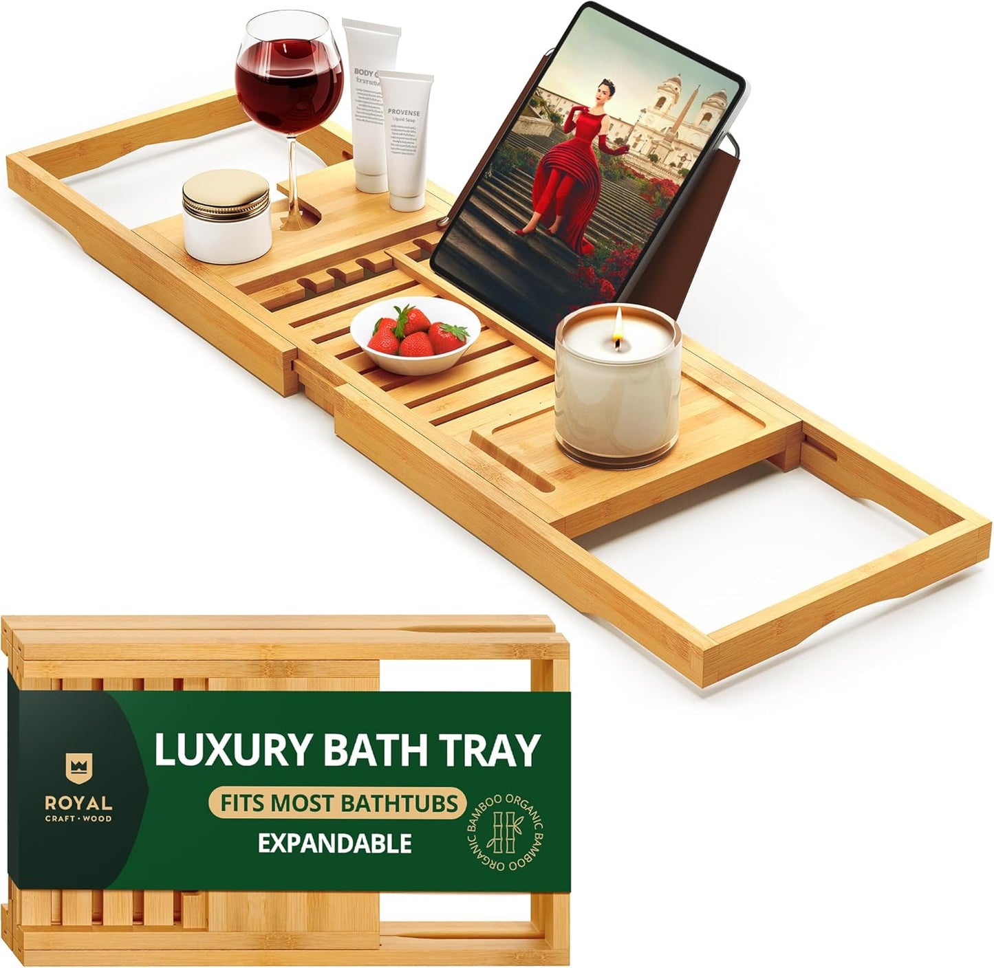 ROYAL CRAFT WOOD Bathtub Tray Caddy for Tub, Bamboo Bath Shelf, Premium Foldable Wood Bath Table, Expandable Bathtub & Bathroom Accessories, New Home Gifts for Mom, Housewarming, Anniversary, Wedding